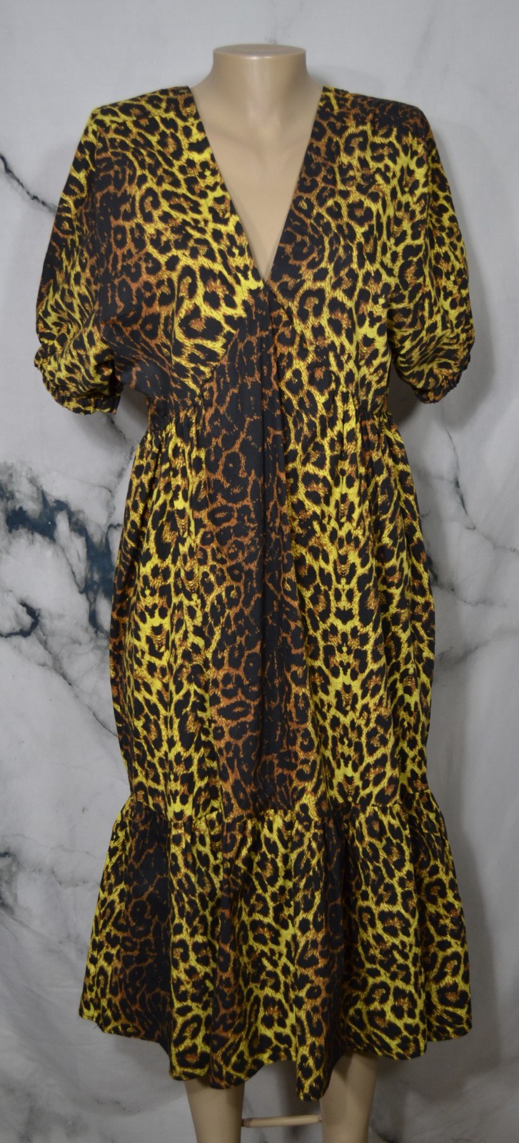 TOPSHOP Black Brown Yellow Animal Print Dress US 8 V Neck Front Back Short Slvs