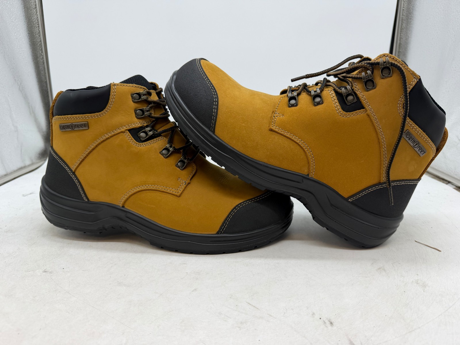 Orthofeet Granite Work Boots Men’s Mustard Black Leather Waterproof – 10 WIDE