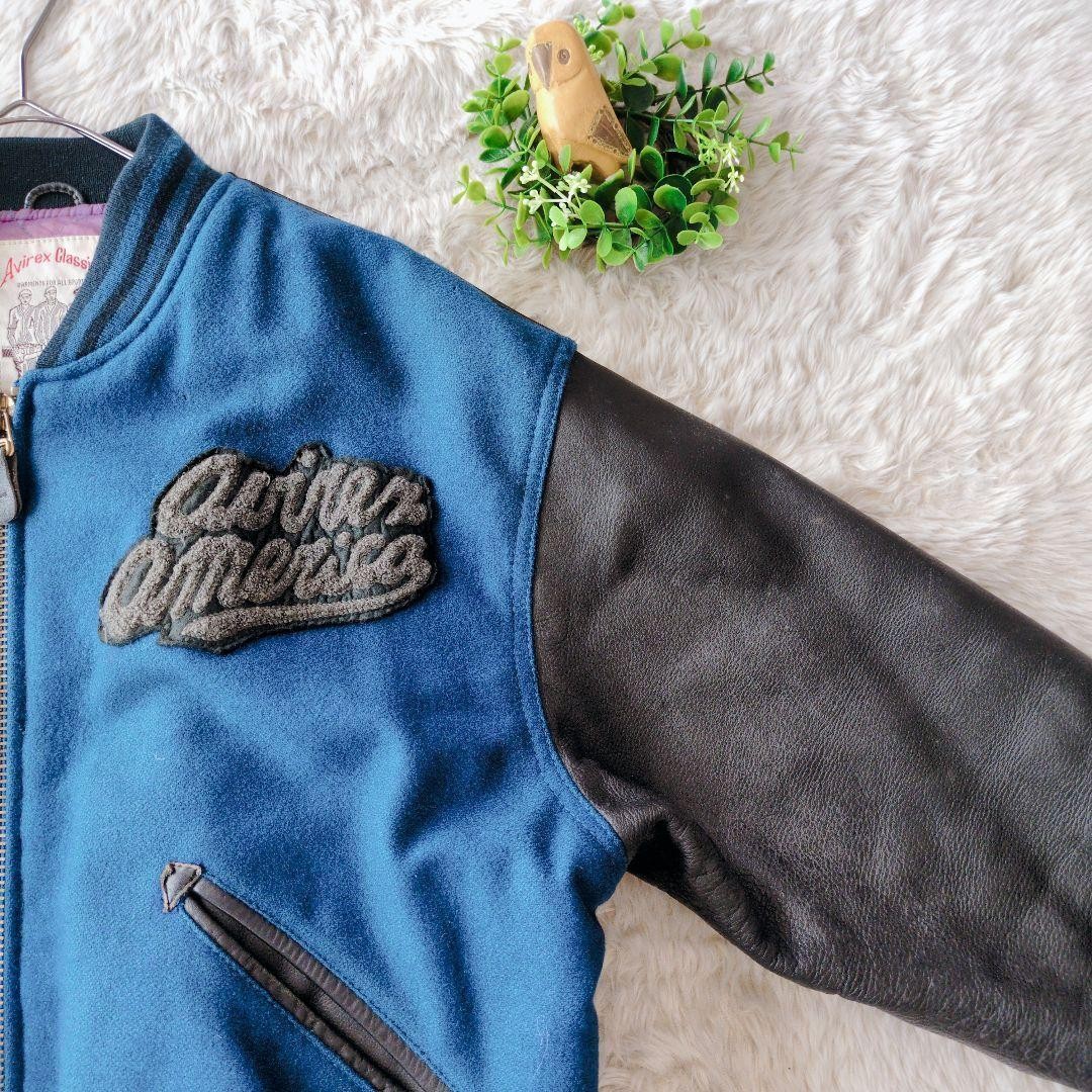 AVIREX Leather Wool Stadium Jacket Blouson Coat Men Size M Blue Black Vintage