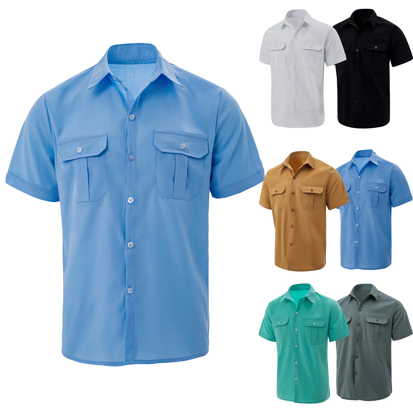 Men’s Summer Lapel Solid Short Sleeve Shirt with Two Pockets Casual Button