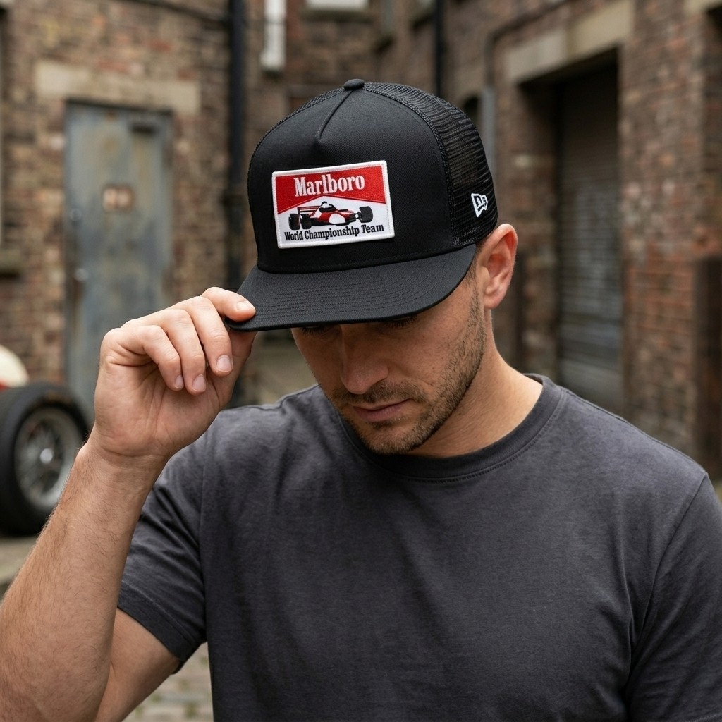 Marlboro Racing World Championship Team Patch Trucker Hat Mesh Cap Black
