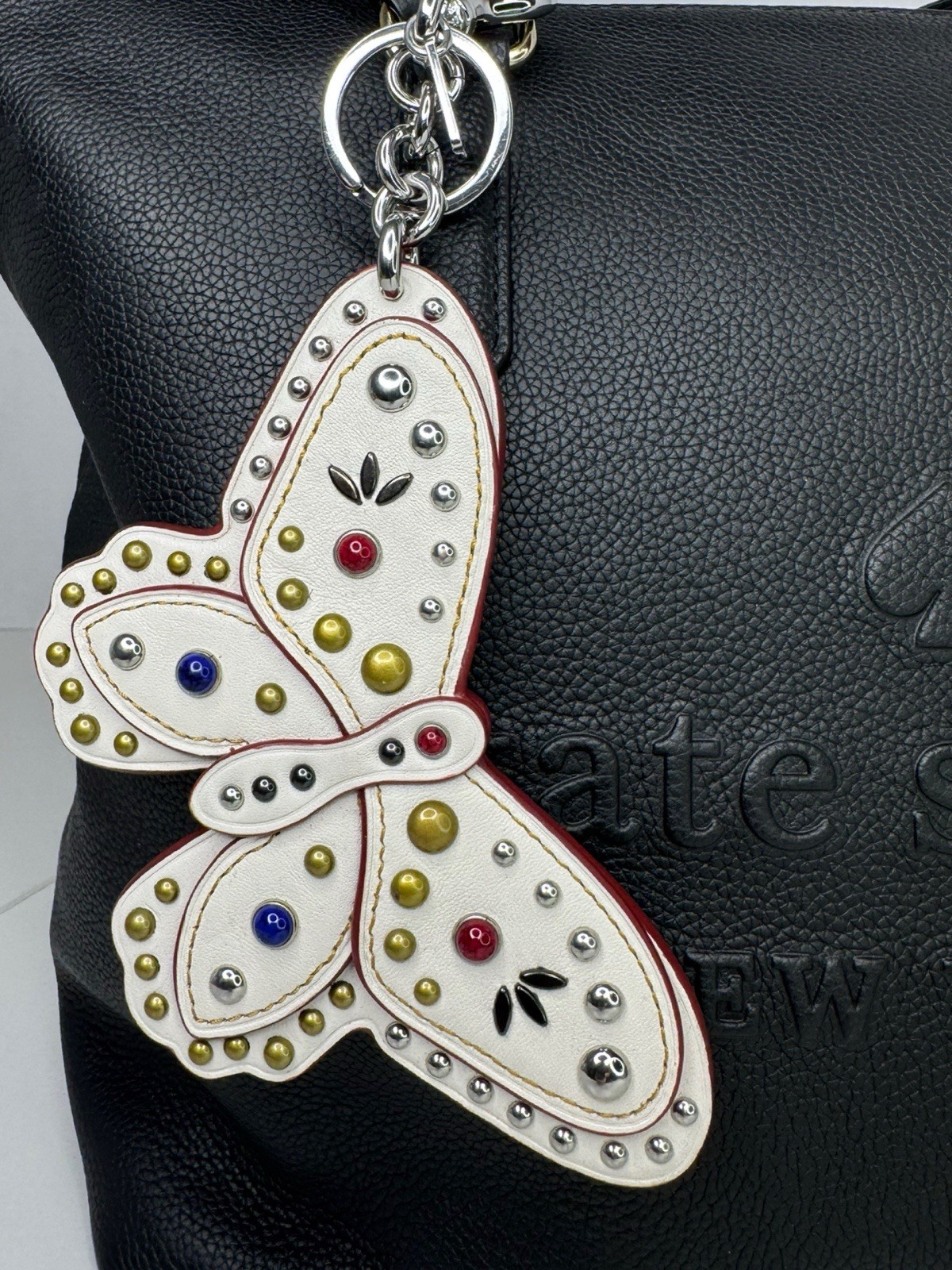 Coach Butterfly Large Leather Chalk White Colored Stone Metal Rivets Keychain