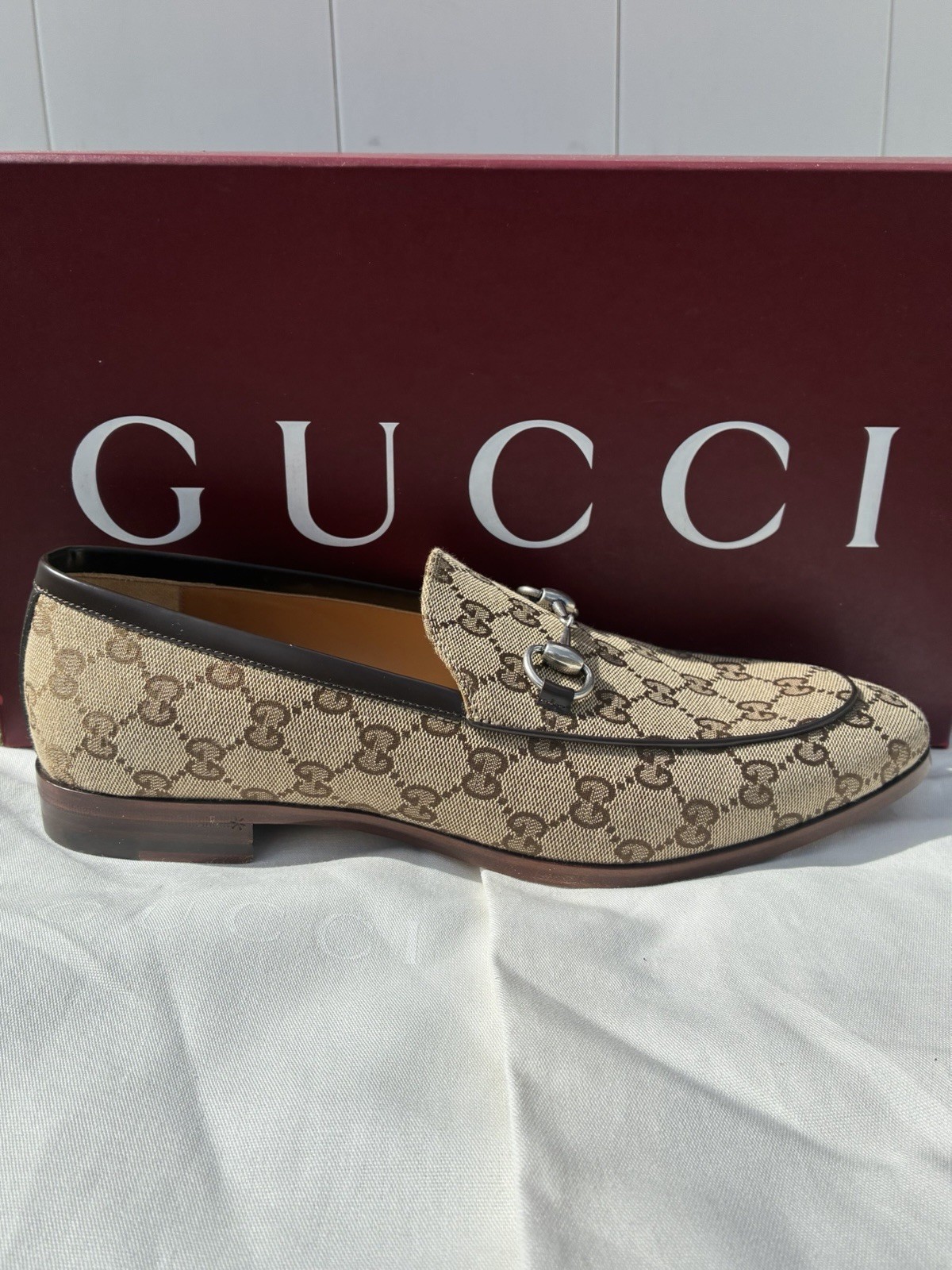 GUCCI CLASSIC BEIGE EBONY GG SUPREME MONOGRAM HORSEBIT JORDAAN LOAFERS G8.5 US9