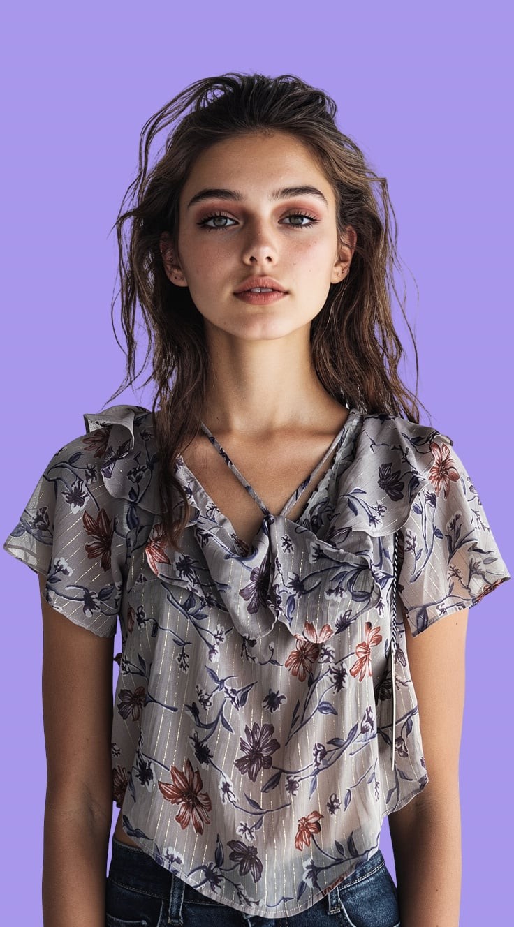 Iris Los Angeles Floral Ruffle Short Sleeve Blouse