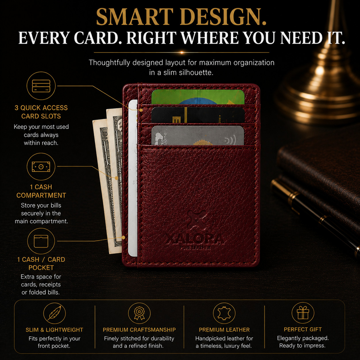 XALORA Slim Leather Wallet RFID Blocking Minimalist Front Pocket Card Holder