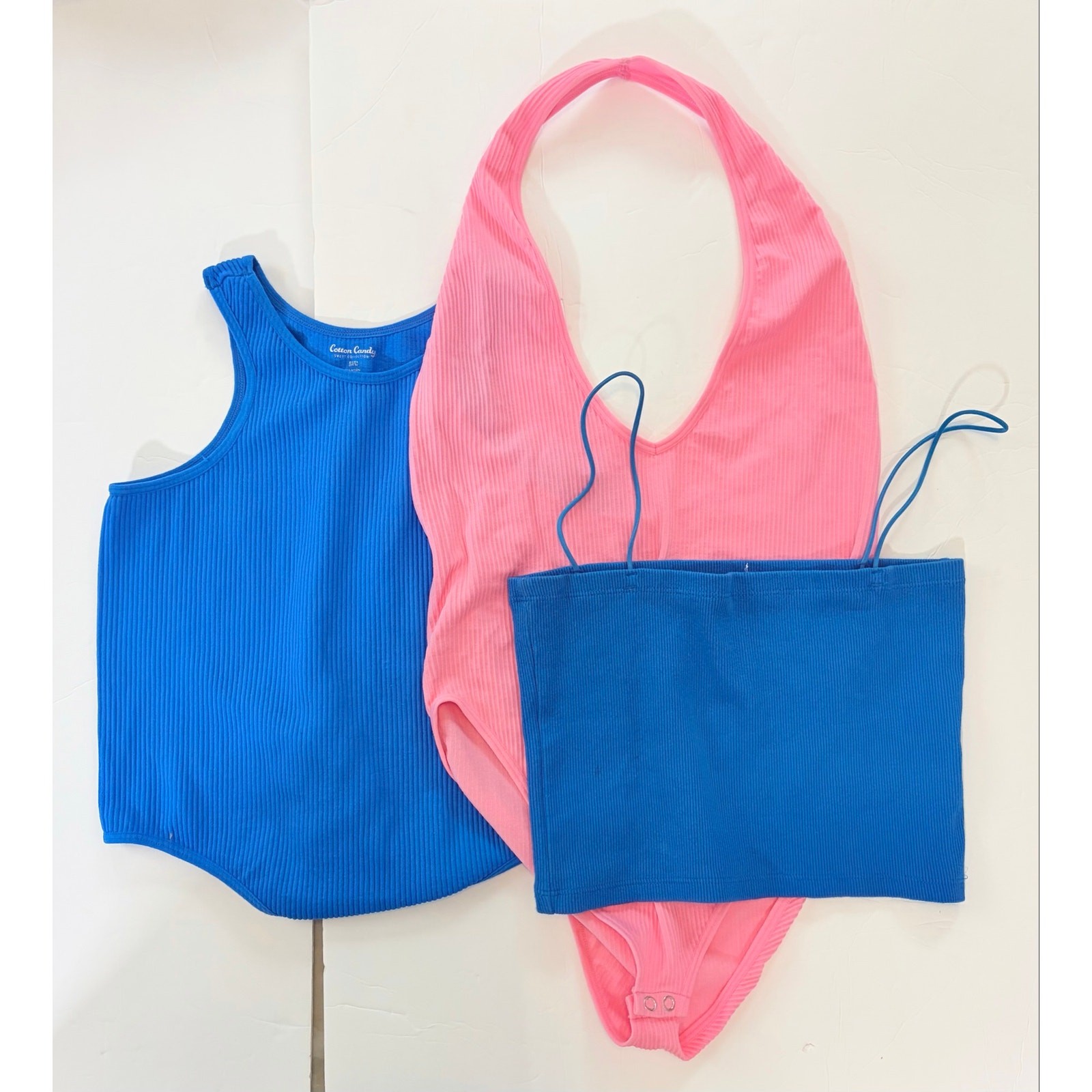 Ribbed Bodysuit & Crop Top Bundle Pink Blue M/L