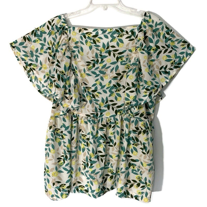 Women’s Floral Peplum Blouse 1XL Square Neck Flutter Sleeve Top Cottagecore Boho