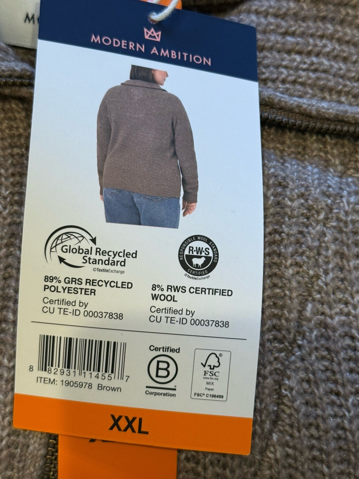 Modern Ambition Womens Sweater 1/4 Zip Stretch Long Sleeves Soft -XXL – BROWN