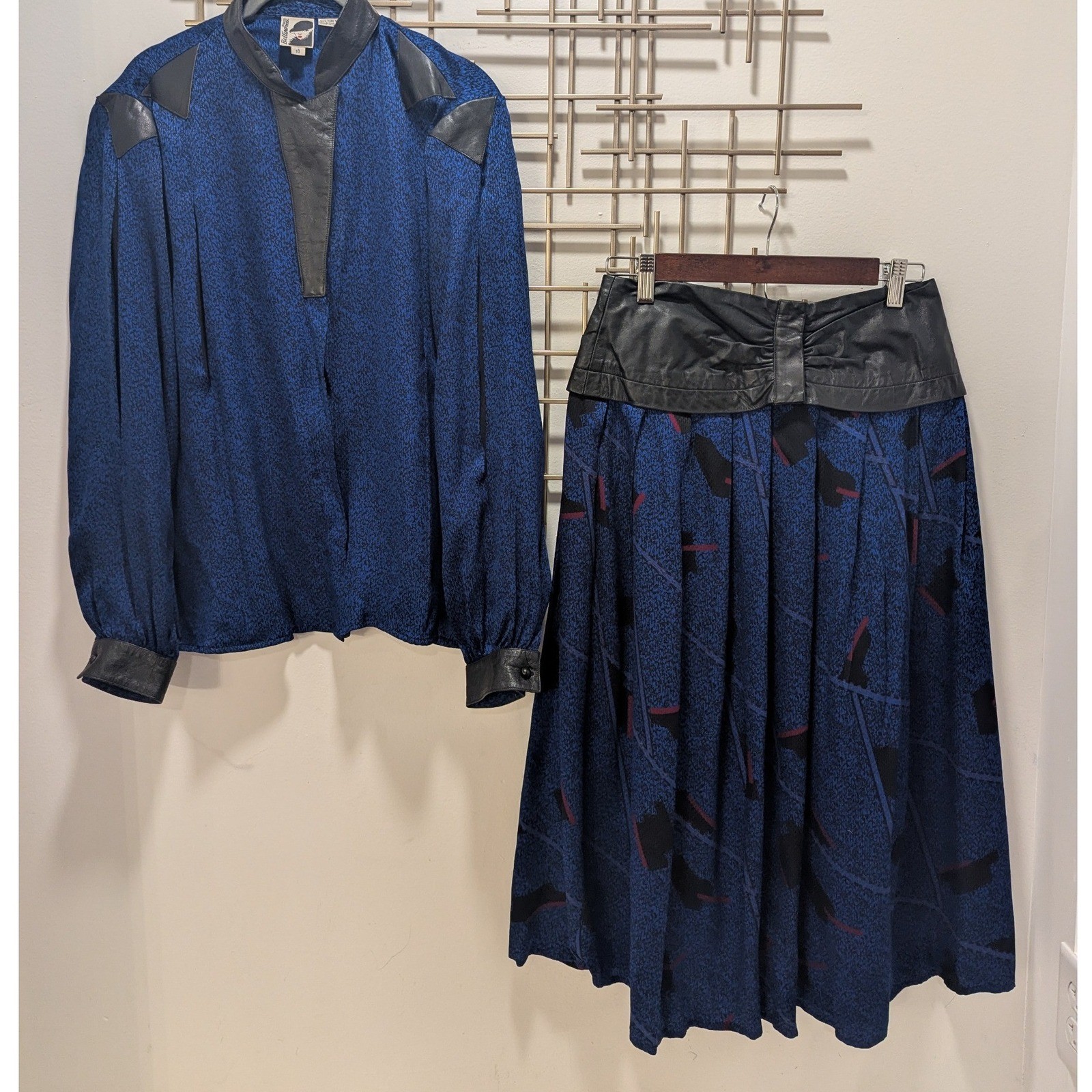 VTG 80’s Designer Silk Leather Trim Blouse & Skirt 2 Pc Set Black Cobalt Sz 10