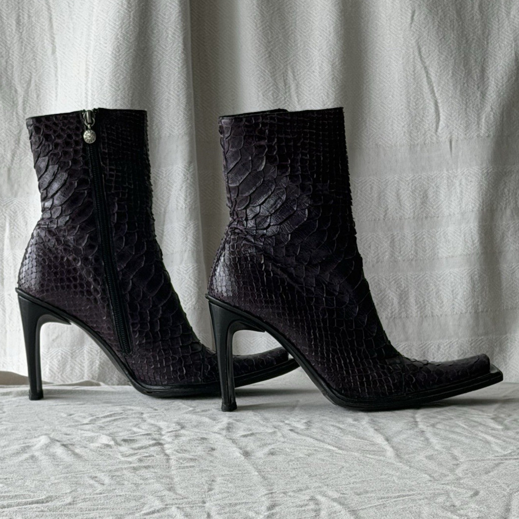 Women’s Purple Animal Print Leather Ankle Boots Square Toe Stiletto Zip 8