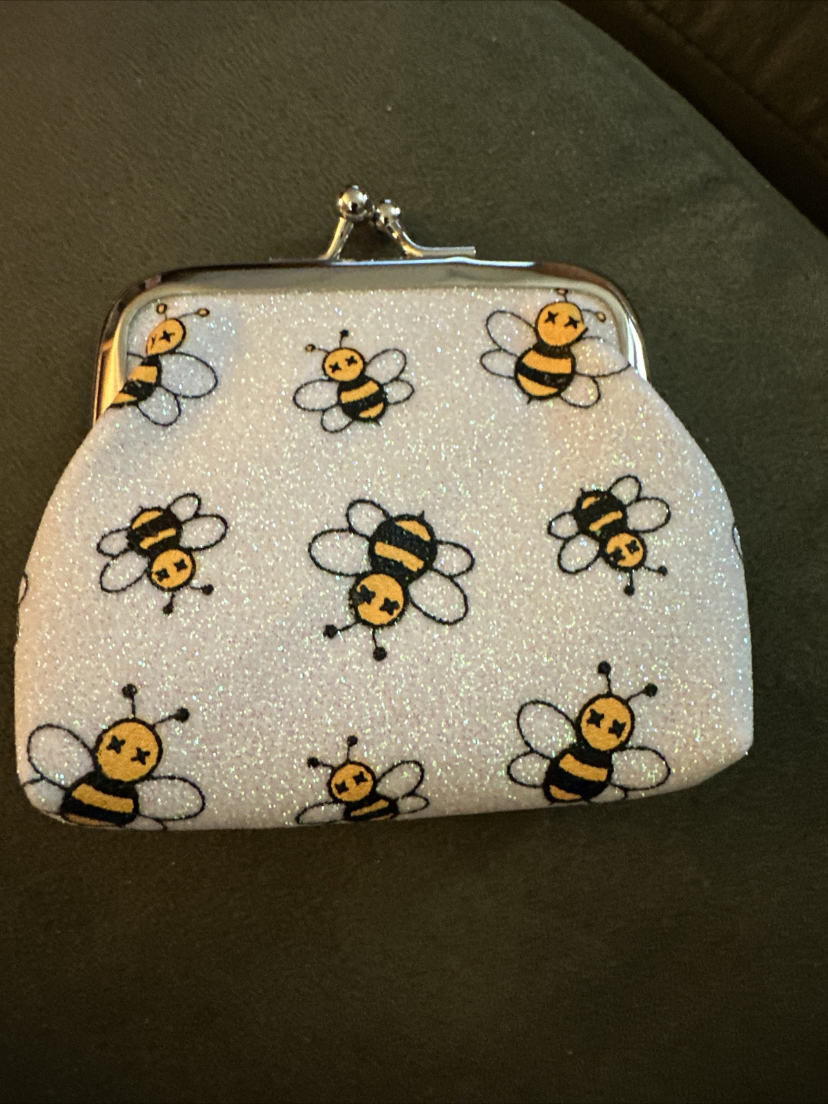 White With Multi Colored Glitter XS Coin Change Purse With Black And Gold Bees