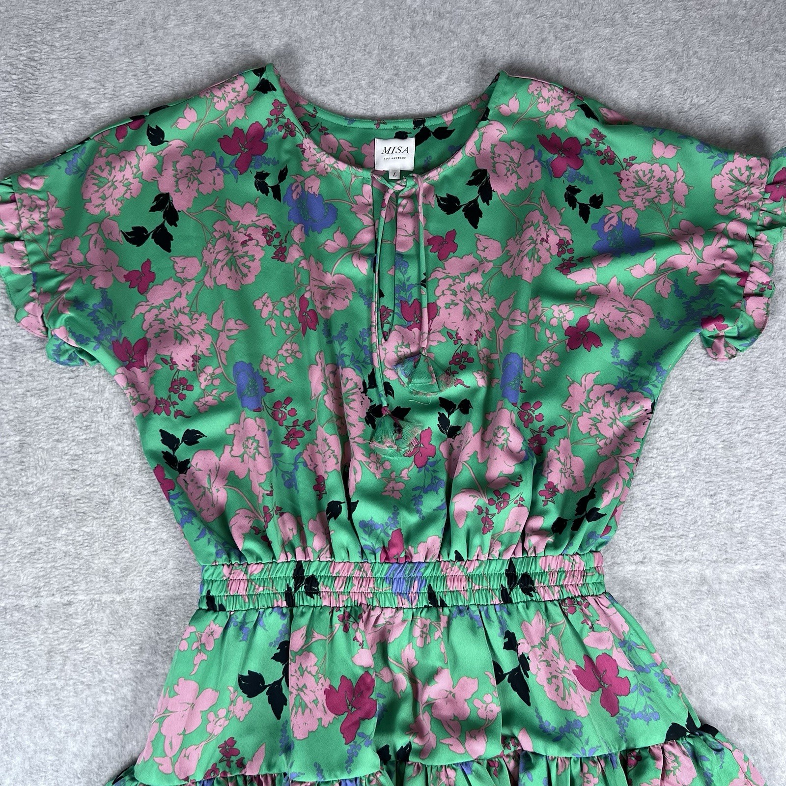 Misa Tiered Ruffle Mini Dress Tassel Tie Garden Party Size Large