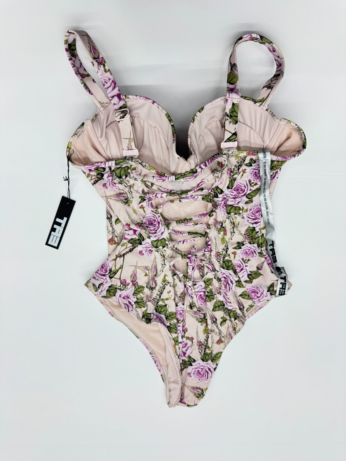 TA3 BRAZILIAN BOMBSHELL ONE PIECE SWIMSUIT LILAC ROSE FLORAL SIZE M REG/LONG A-B