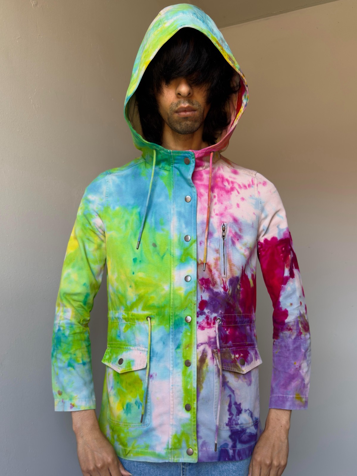 Tie-Dye Rainbow denim hoodie Womens S Galaxy jacket Cotton button up zip up coat