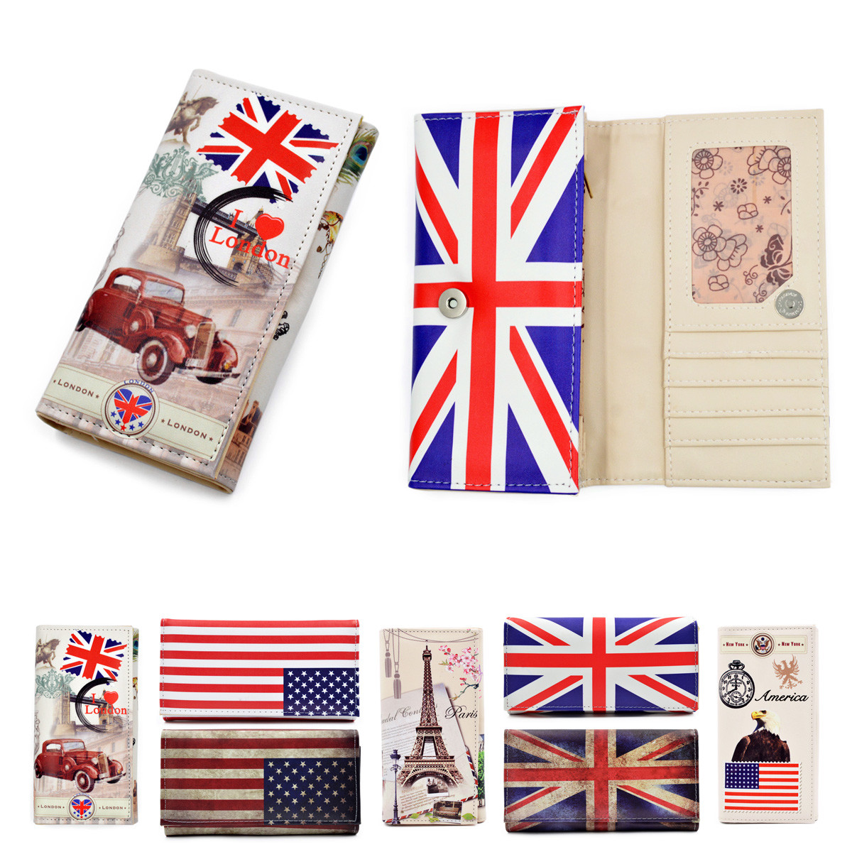 Premium US UK Flag City Print PU Leather Continental Wallet