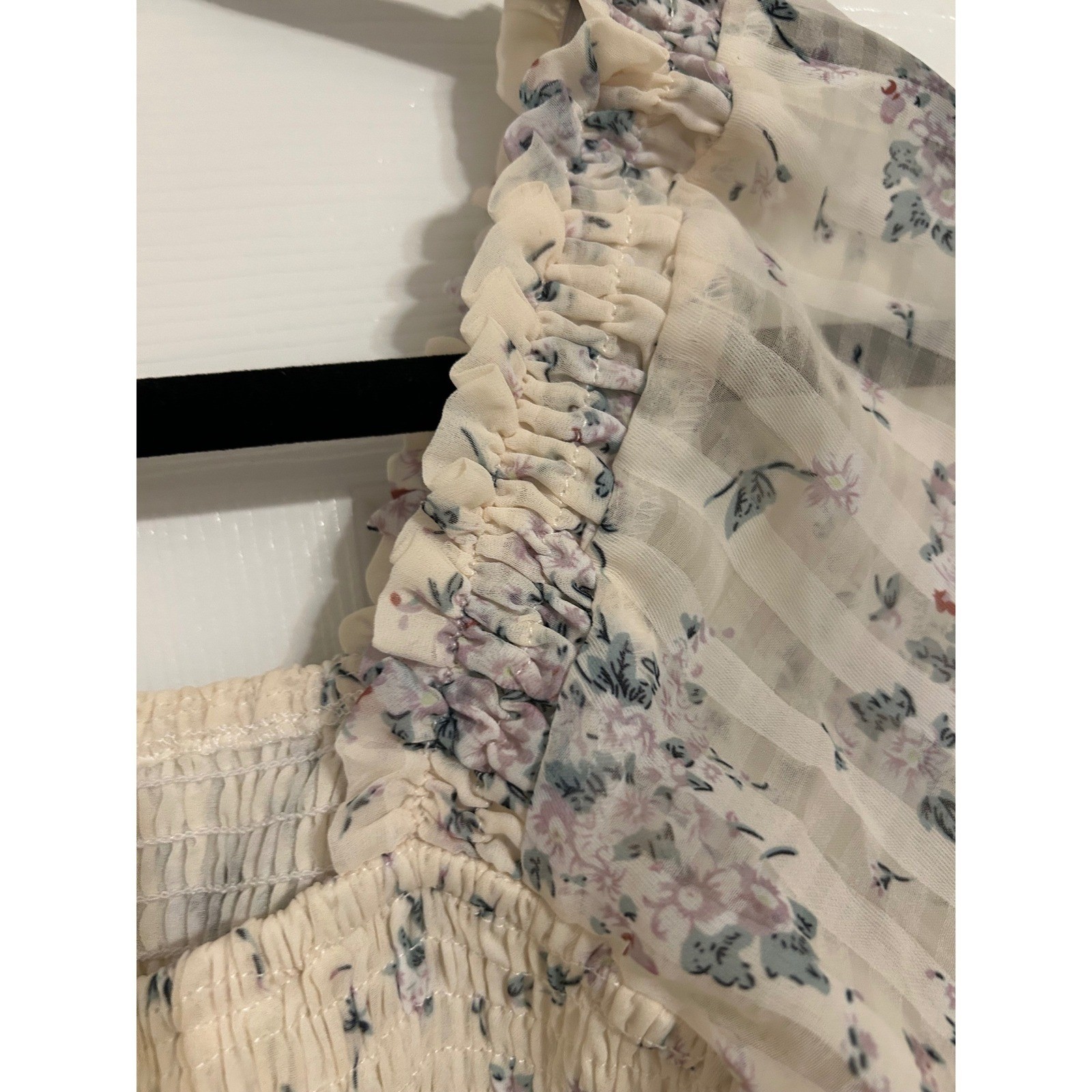 Collective Rack Floral Smocked Crop Top Cream Purple Sheer Balloon Sleeve Blouse
