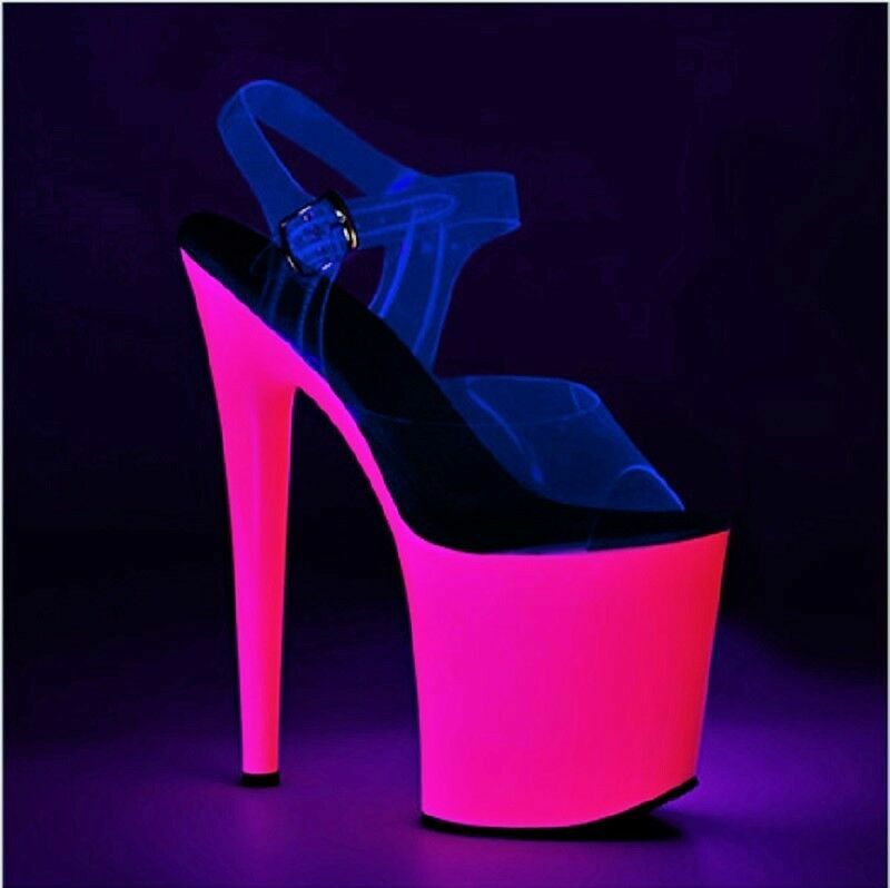 8″ Clear Neon Pink Platform Heels Stripper Shoes Glow in Dark Strap size 6 7 8 9
