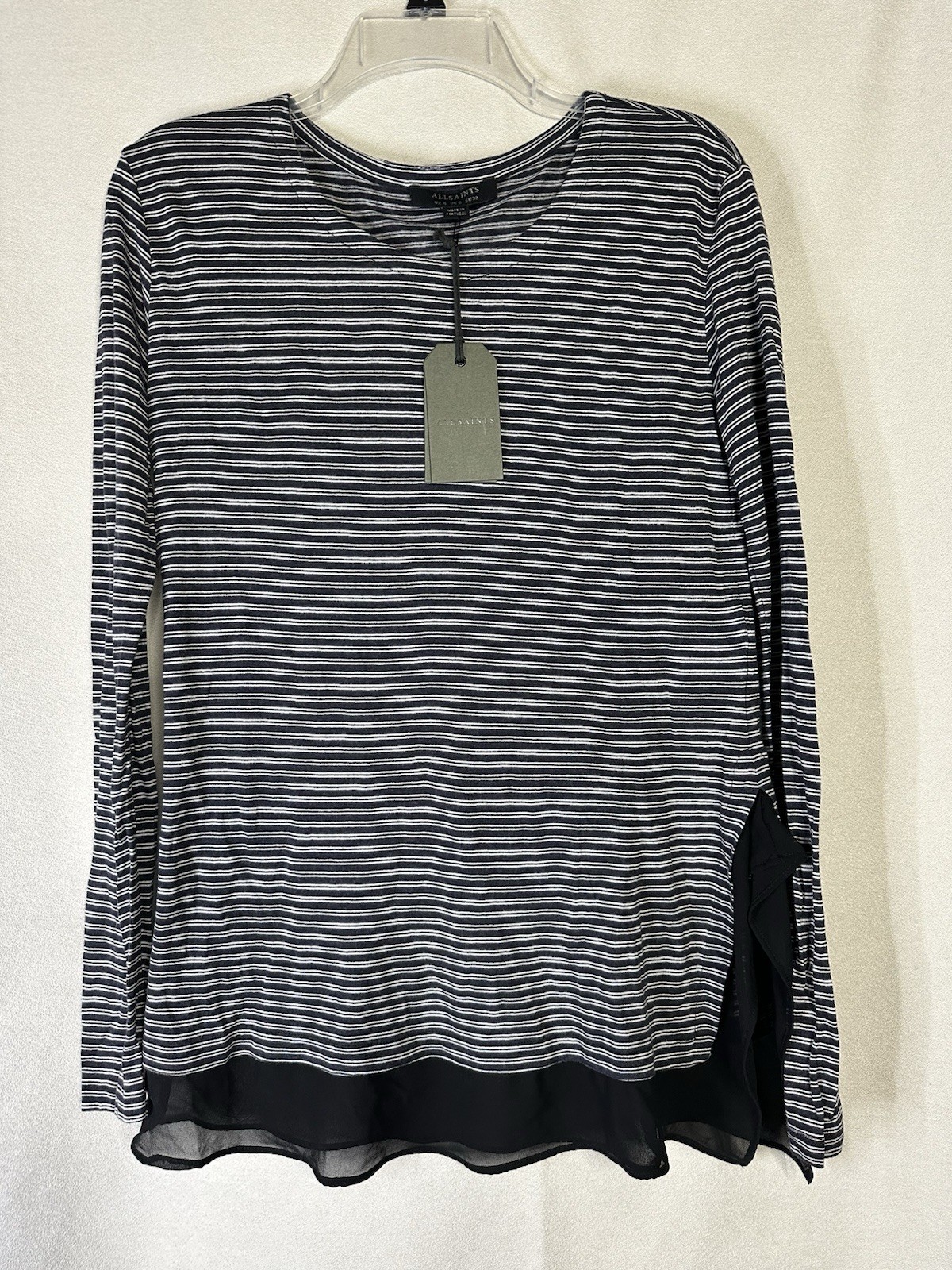 NWT AllSaints Miro Long Sleeve Ink/Chalk Stripe Tee MSRP $105 Viscose Wool Sz 0