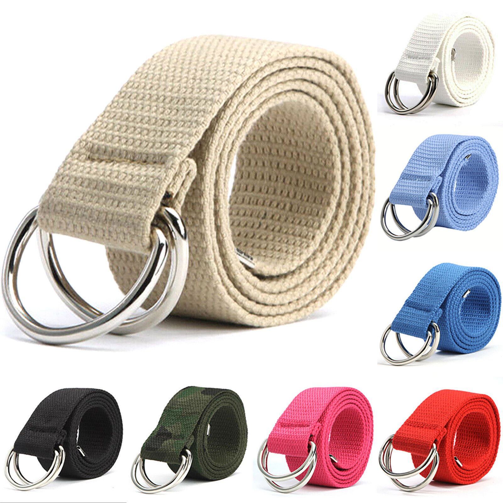 Men Women Canvas D Ring Belt Fabric Webbing Waist Belted Plain Fashion Waistband
