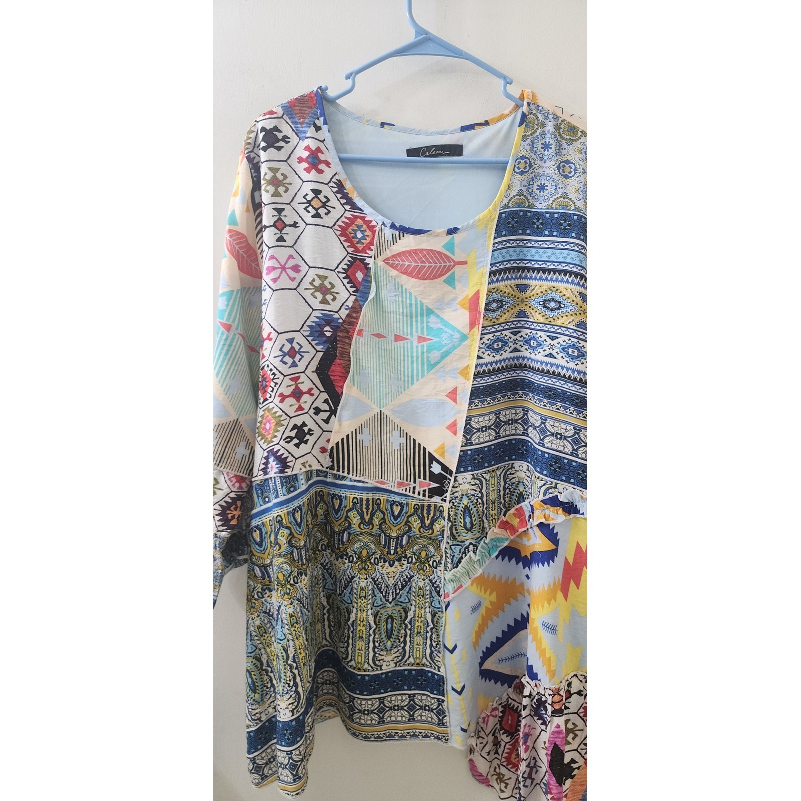 Calesa Mixed Print Patchwork Ruffle Tunic Top Multi-Color Boho Asymmetrical L