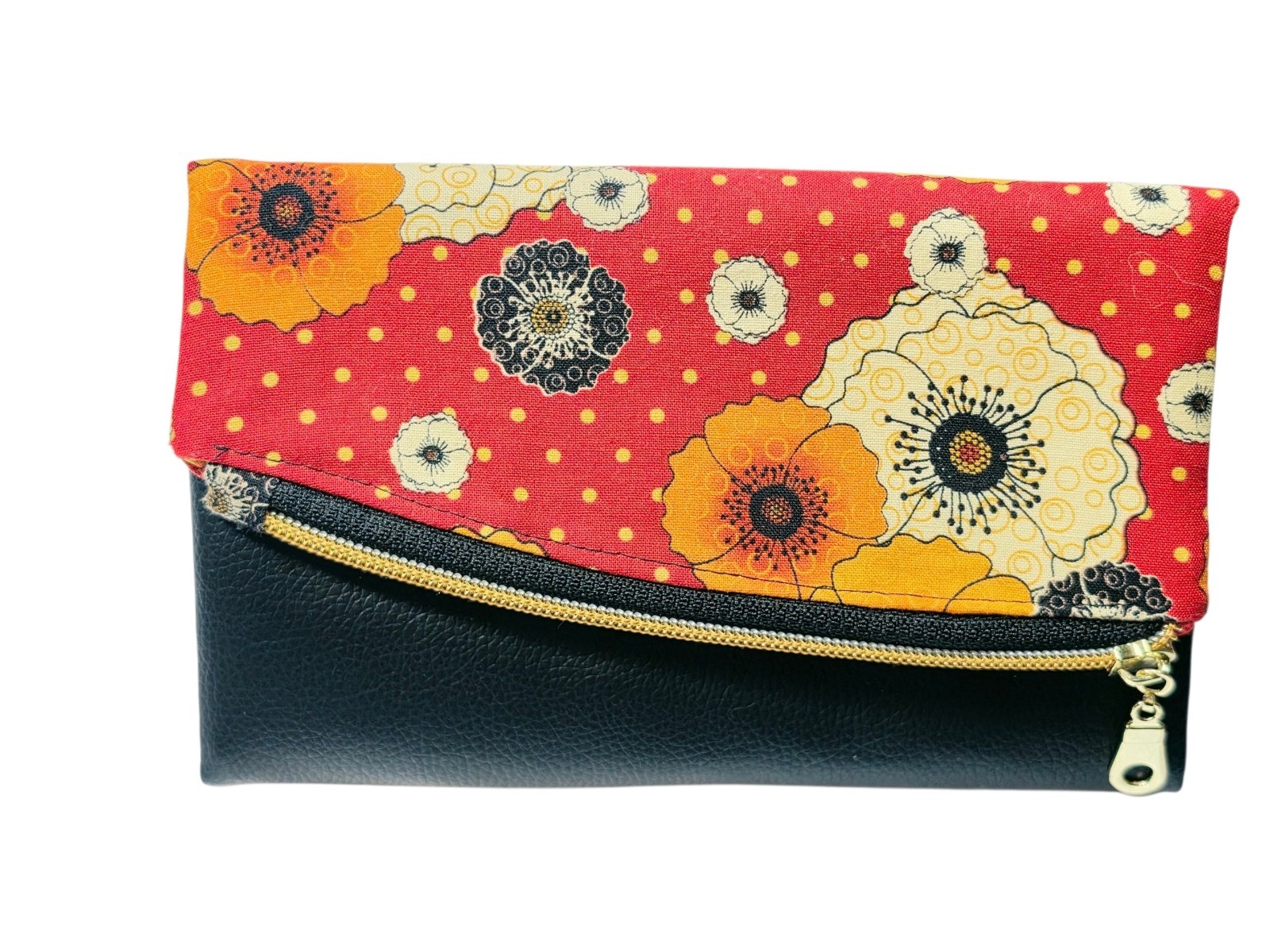 Handmade Floral Women’s Clutch Wallet Red Black Wallet Zip Pocket