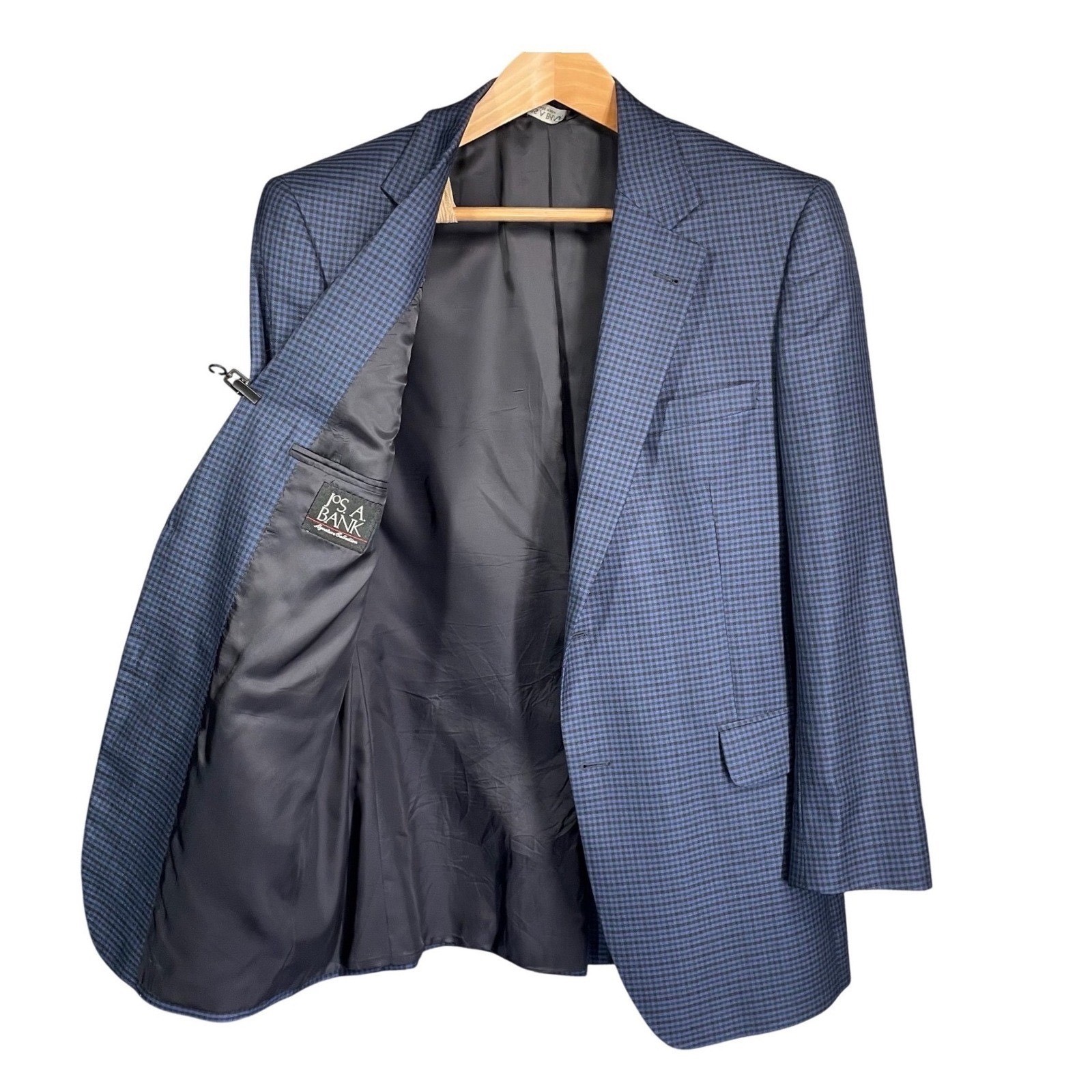 Jos A Bank Signature Collection Blazer 41L Navy Blue Silk Wool Houndstooth Coat