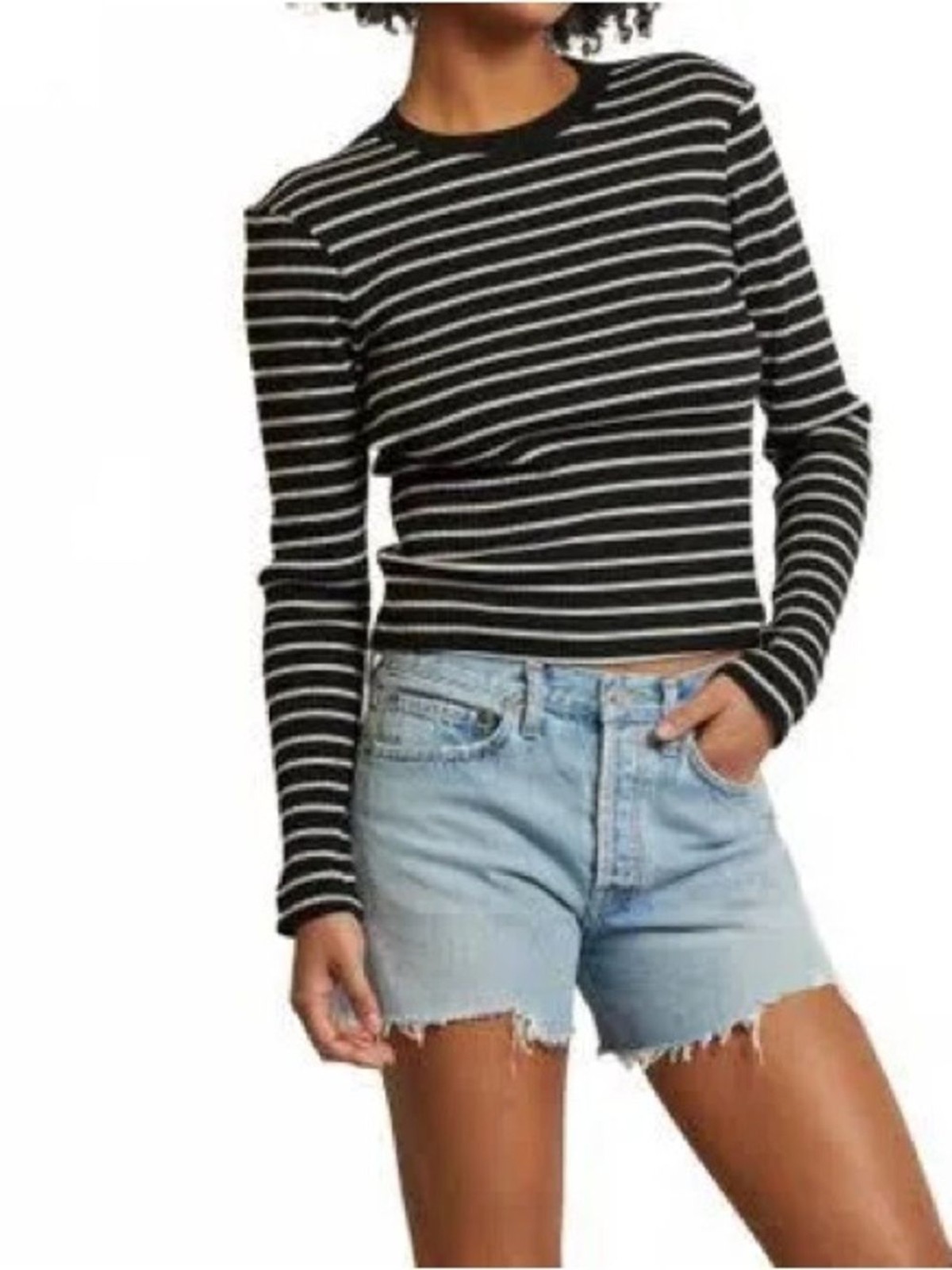 Perfectwhitetee Clyde Long Sleeve Baby Tee Ribbed Striped Black White Size Small