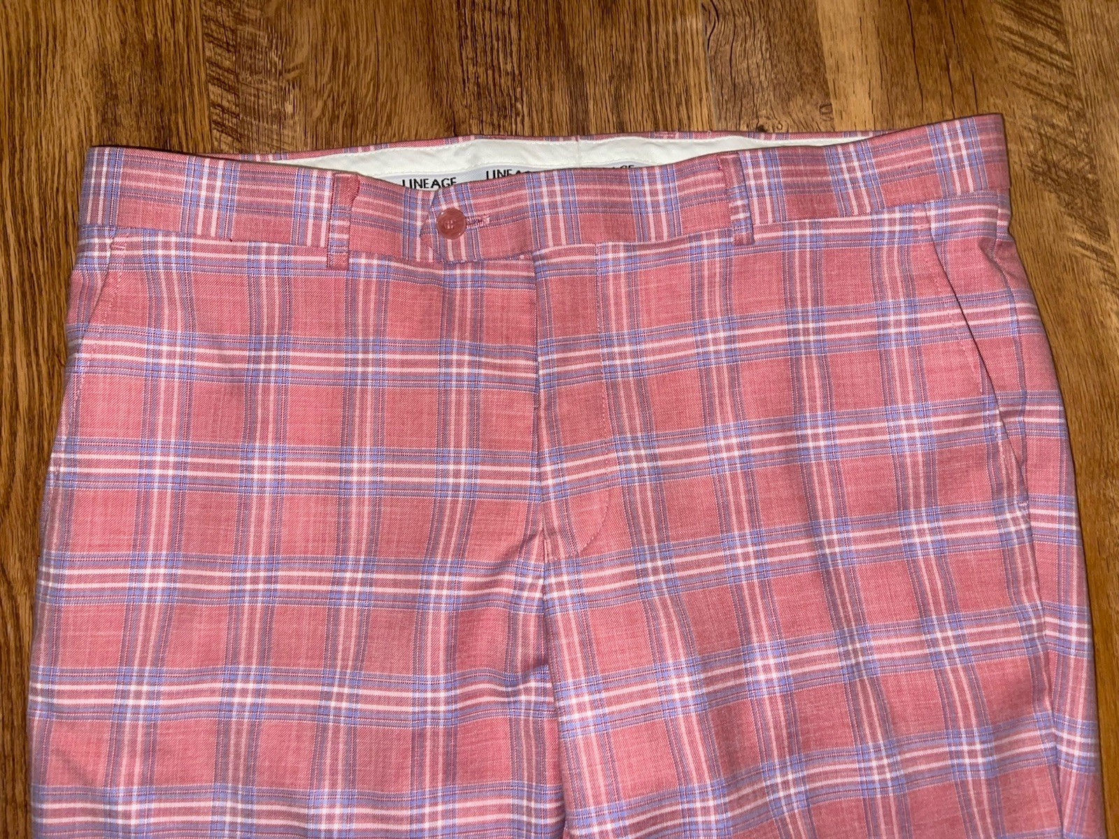 Men’s Lineage Pink Blue Plaid Polyester Blend Blazer Suit Sz 42S Pants 35×29