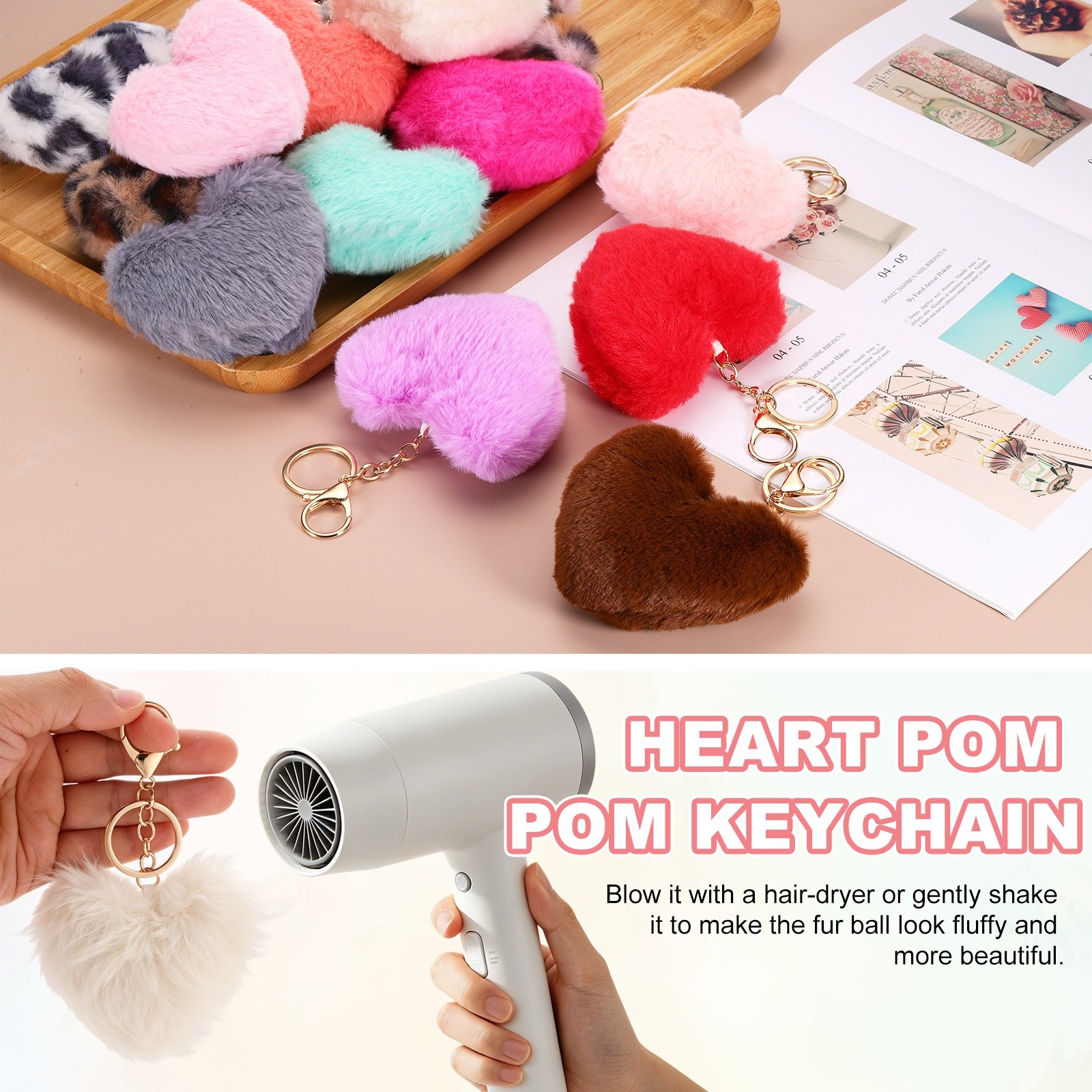 12Pcs Heart Pom Pom Keychain Faux Fur Fluffy Keyring Purple(Gold Buckle))