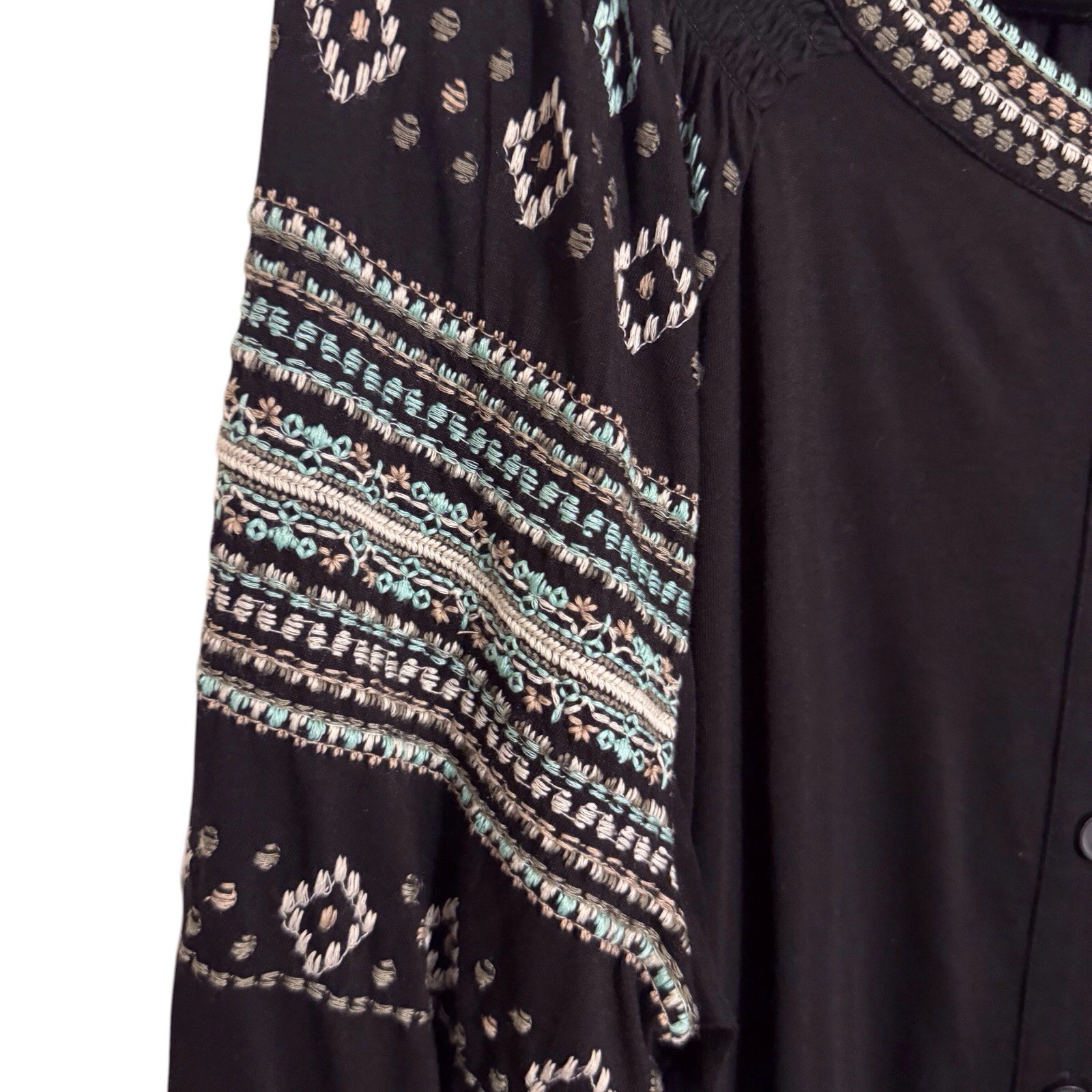 J. Jill Large Petite Black Embroidered Button Up Top Boho Beach Long Sleeve