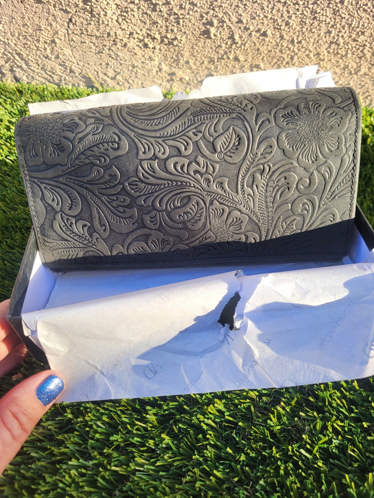 Access Denied Black Embossed Genuine Leather Accordian Long Wallet.