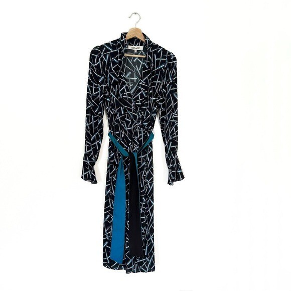 Diane Von Furstenburg Drusilla Black Teal Wrap Midi Dress Womens 8