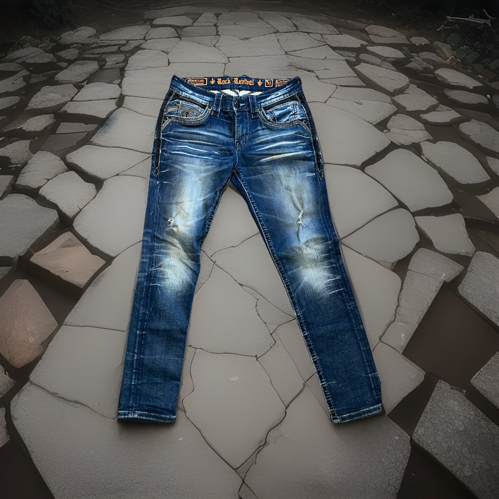 ROCK REVIVAL “ RUSTIC BROWN” Slim Taper Jeans, Size 31/31 Length ￼ Distressed