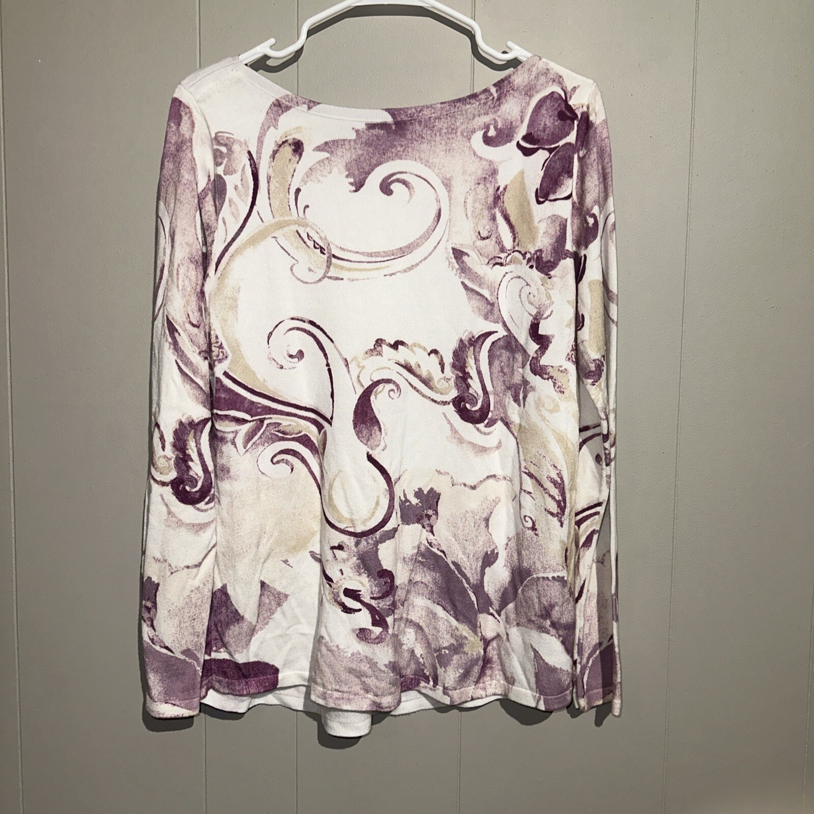 Chicos White Pink Swirl Sweater Tee Shirt Women’s LS SZ 1 (8/110) M Top Bin B7