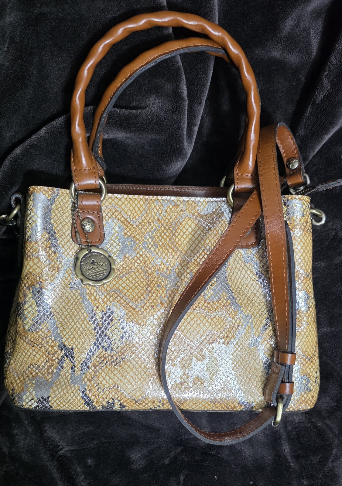 Patricia Nash Tan/Brown/Gray Snake Print Satchel Bag Zip, Detachable Strap