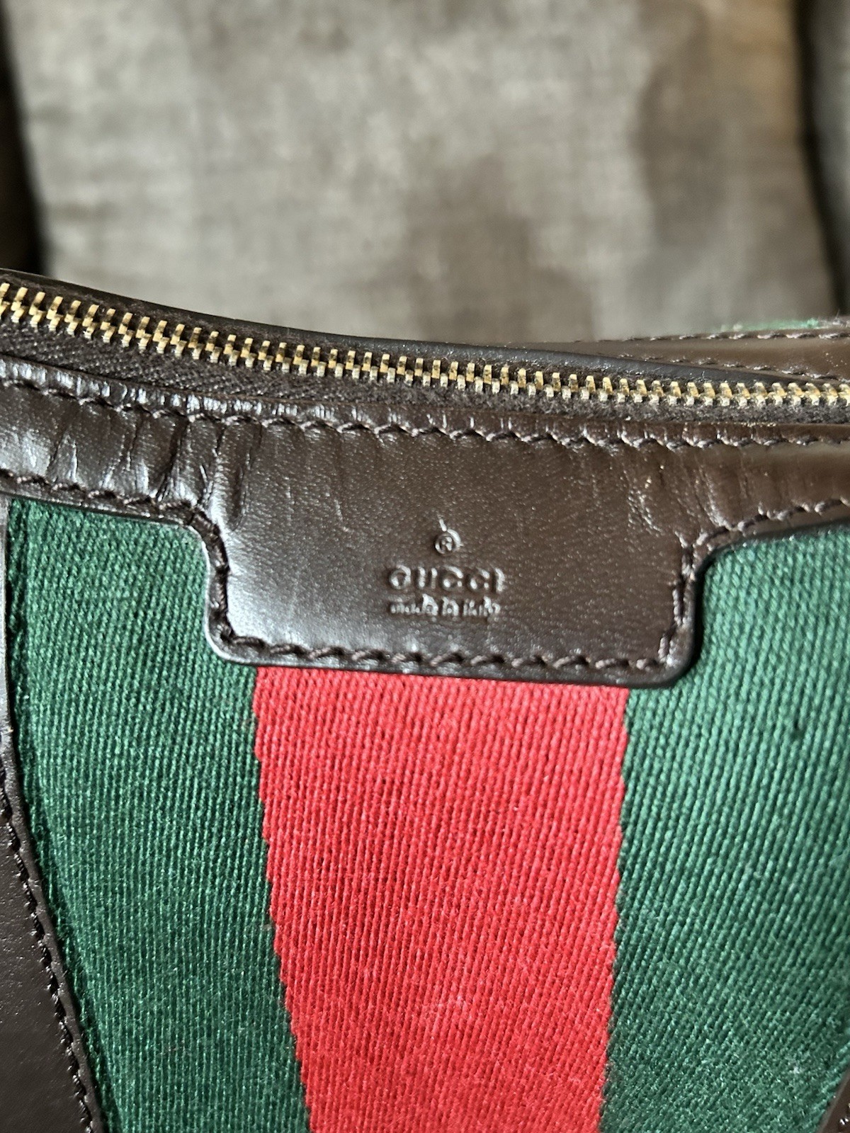 Gucci GG Web Stripe Shoulder Bag, Zip Closure, Gold Hardware, Lined, Pockets