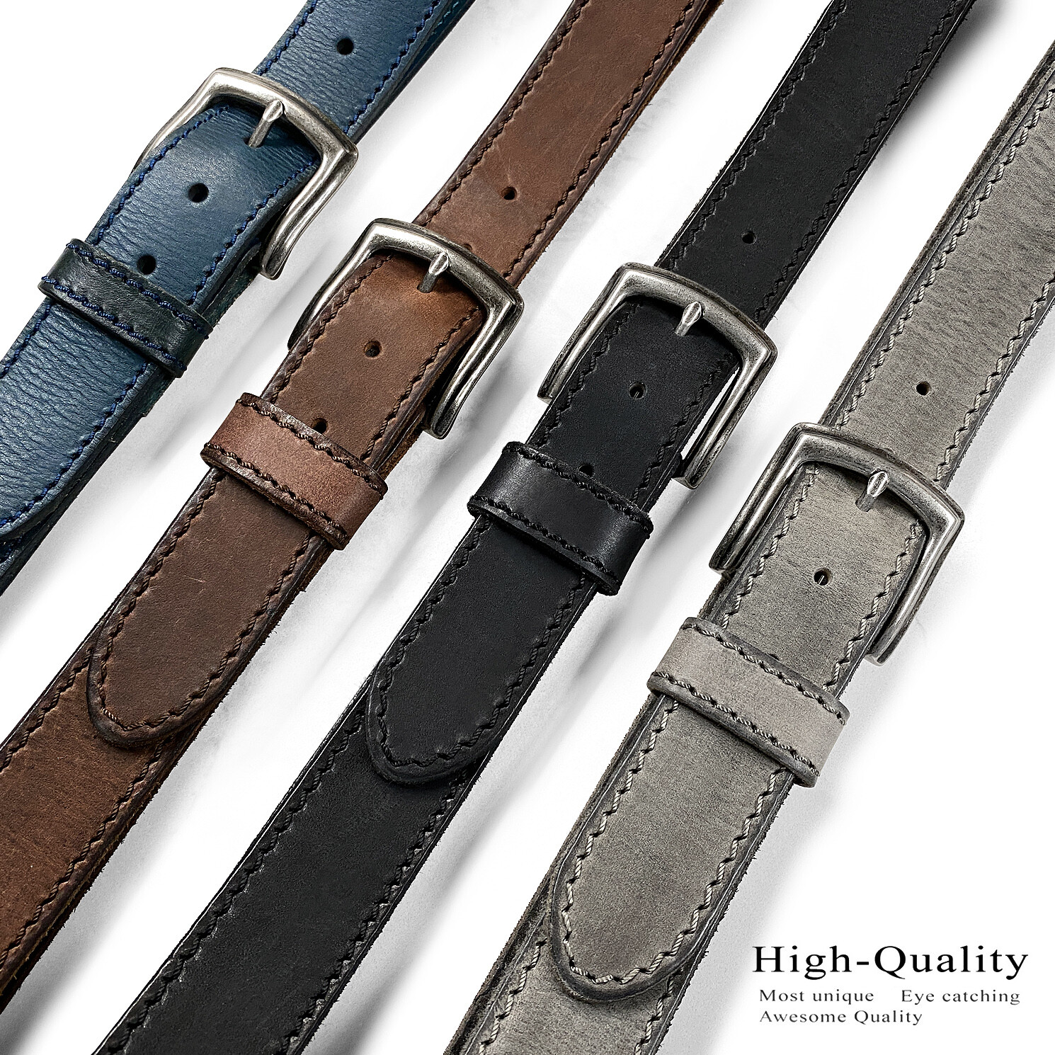 Antique Buckle One Piece Genuine Full Leather Casual Jean Belt 1-1/2″(38mm) Wide