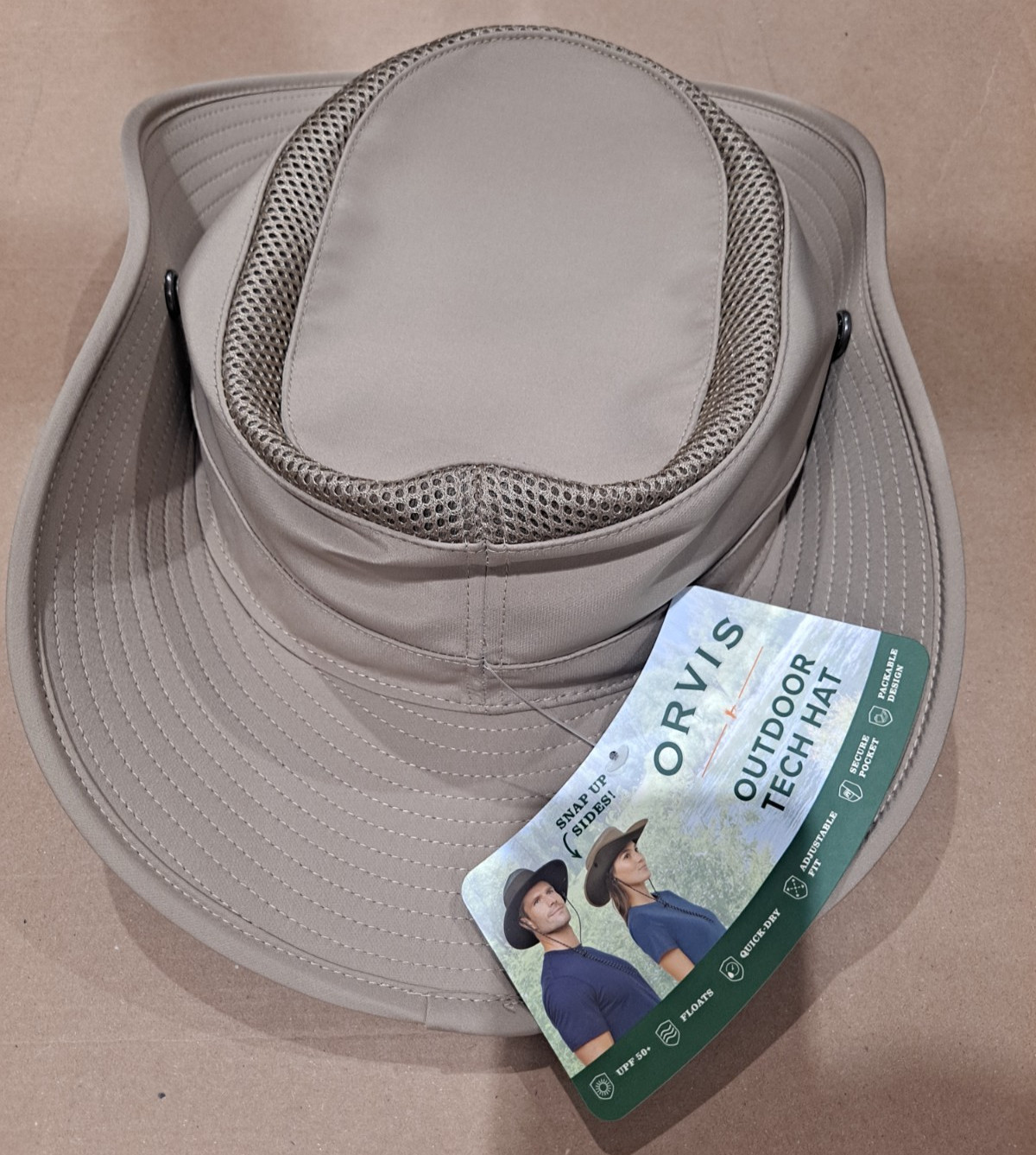 Orvis Outdoor Tech Hat UPF 50 Packable Snap-up Brim Mesh Ventilation TAN, NWT