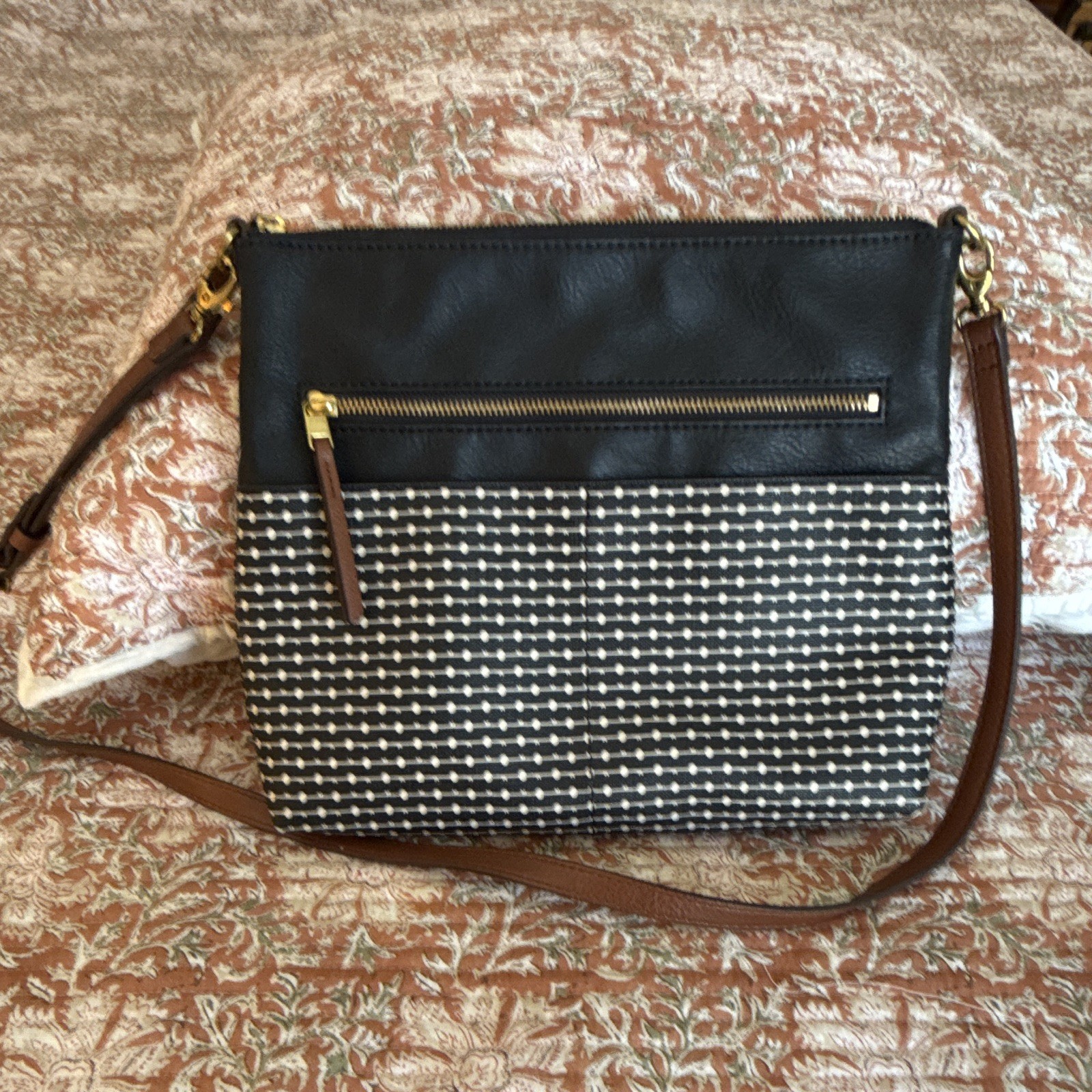 Fossil Black White Geometric Crossbody Bag Zip Closure Brown Strap Gold HW