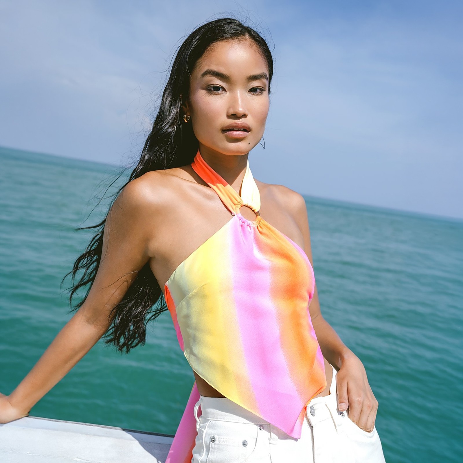 Pomelo Halter Ring Colorblock Satin Cropped Backless Tank Top XS Pink Orange Ye…