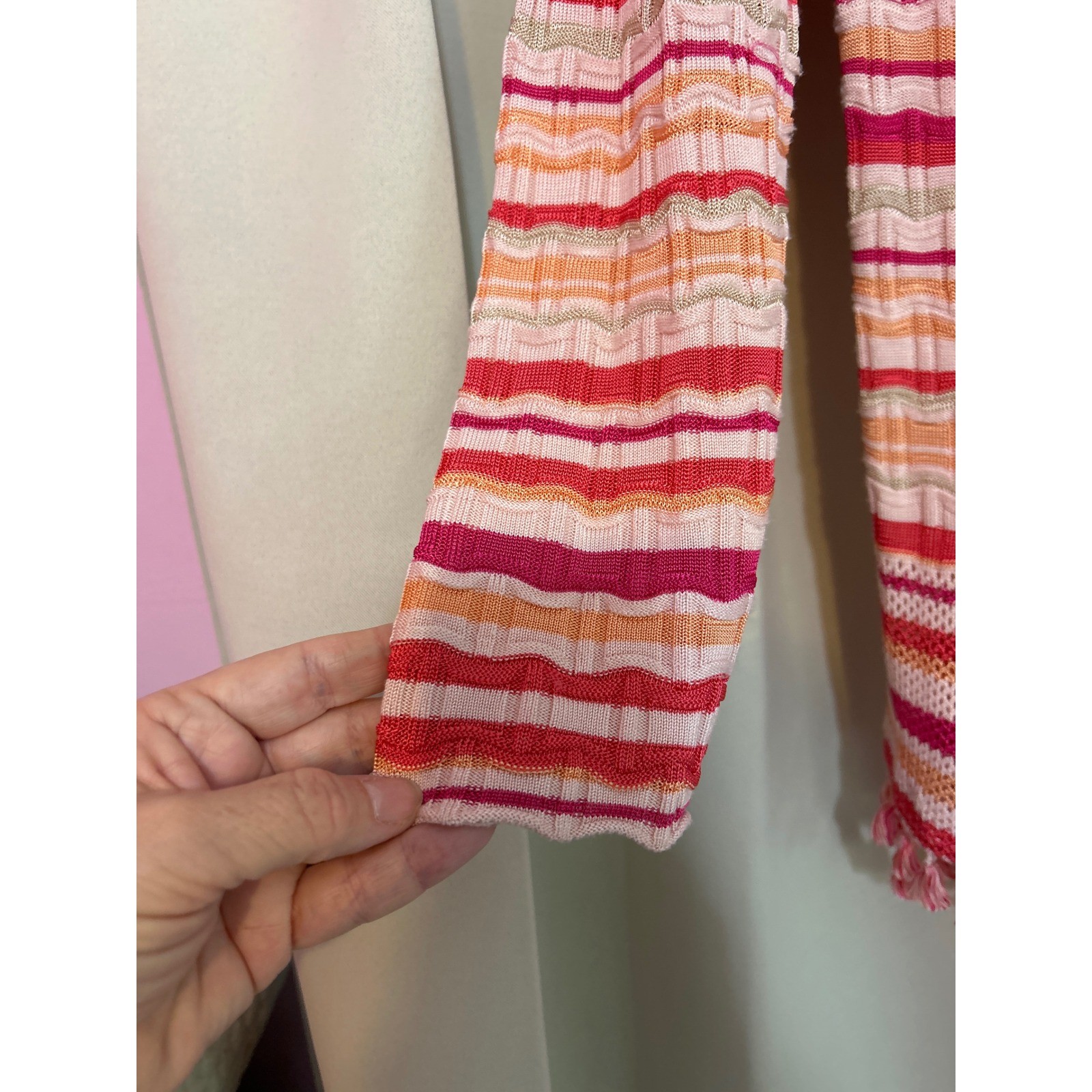 Chico’s Striped Open Front Cardigan Pink Orange Tassel Fringe Size 0 Small