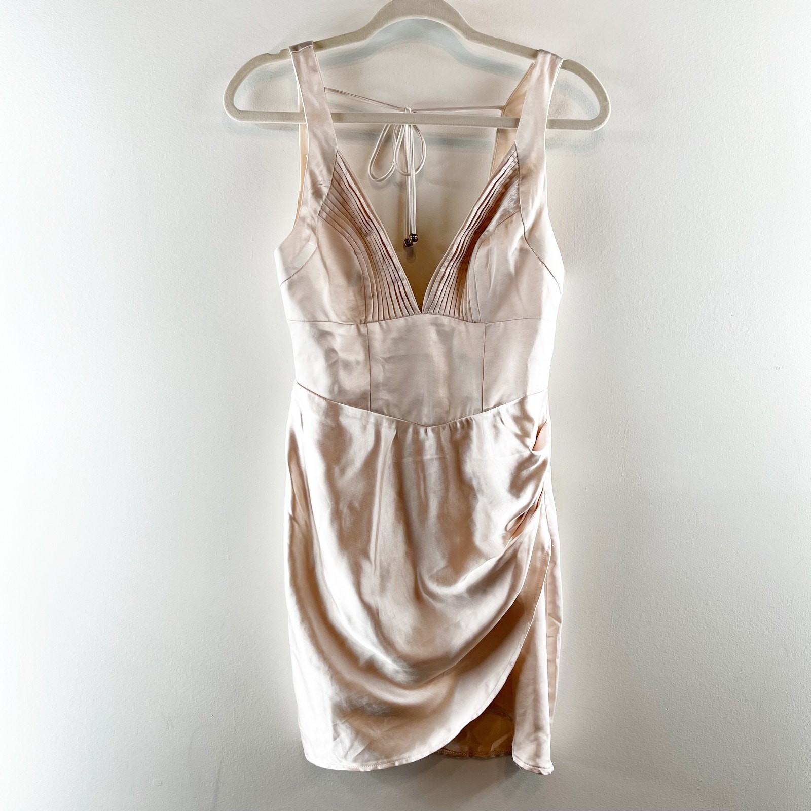 Hello Molly Rosebud Satin Plunge V Neck Mini Dress Champagne Gold 6