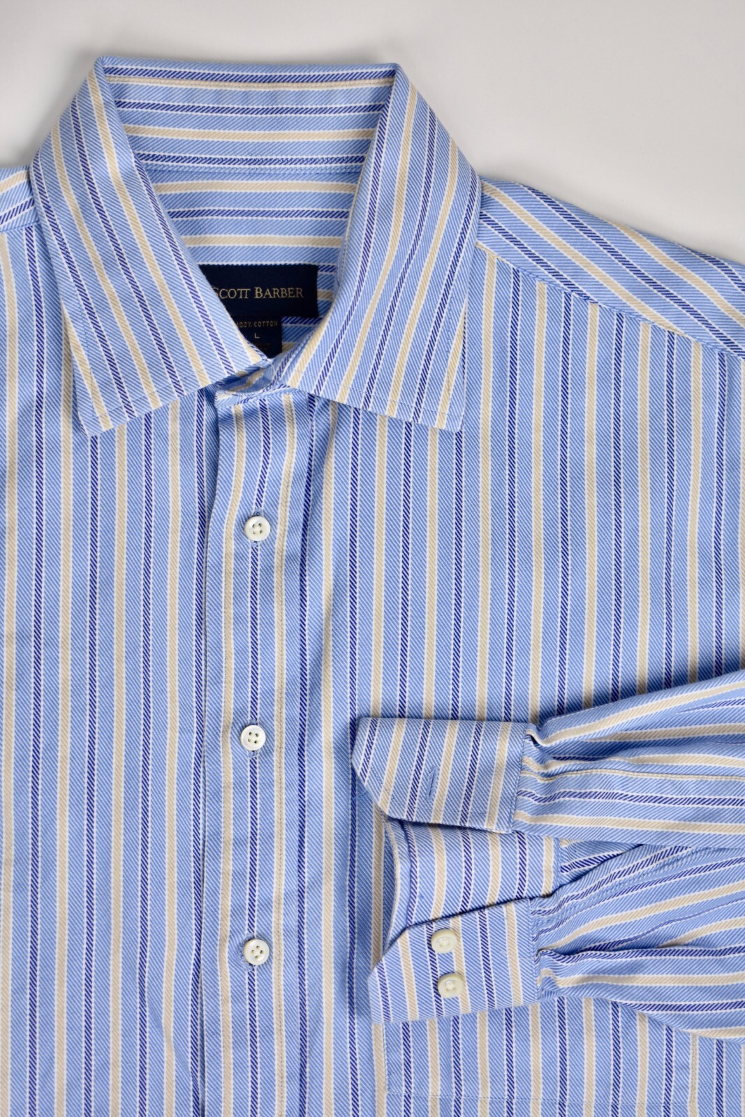 Scott Barber Blue/Yellow Striped Point Collar Cotton Dress Shirt Size: Large
