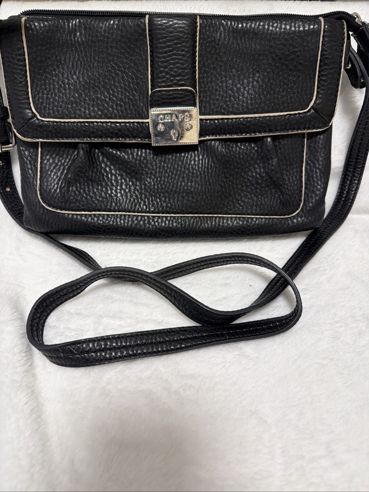 Chaps Black Pebbled Faux Leather Crossbody Purse-2 Small Tears Shown In Pictures