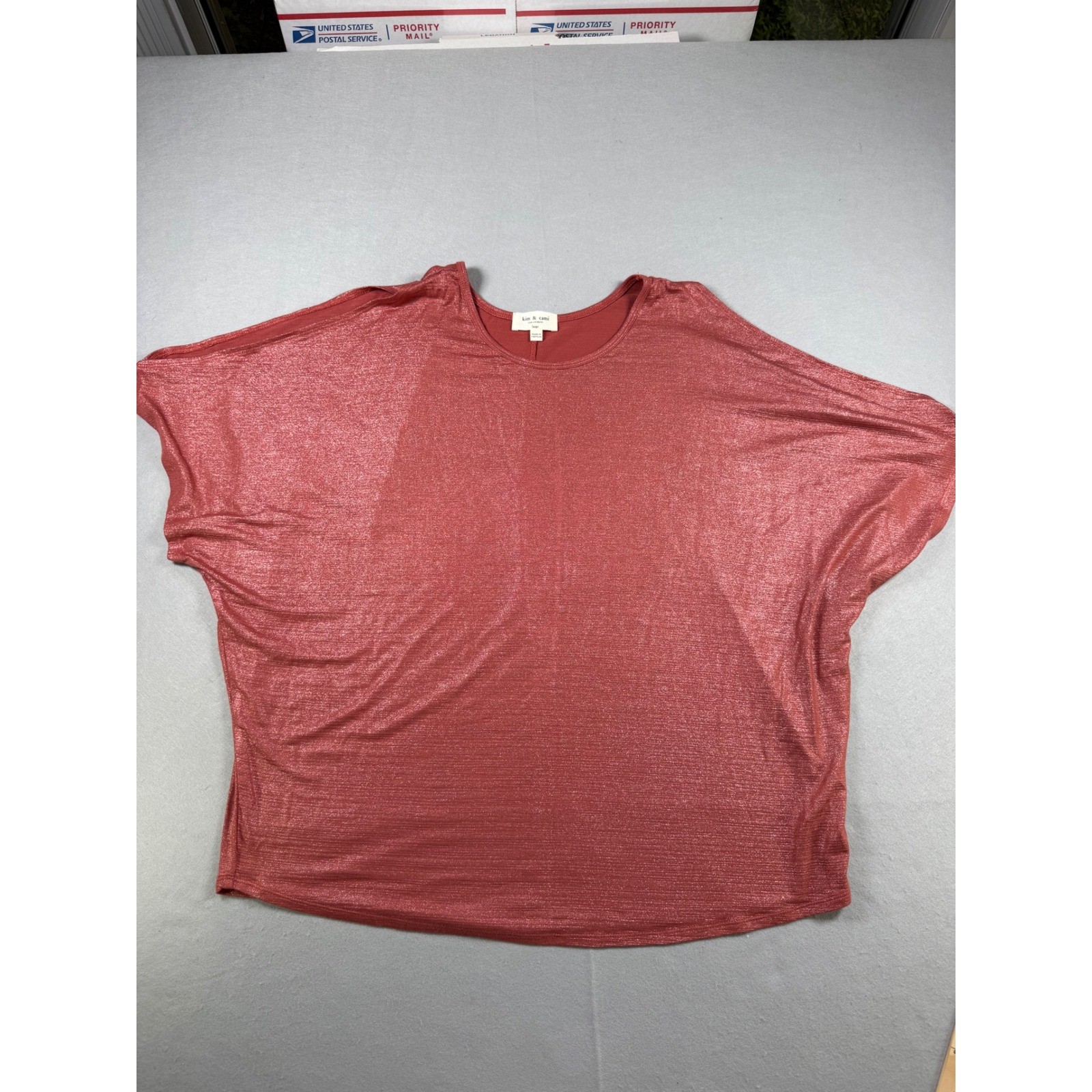 Kim & Cami Los Angeles Metallic Rust Red Dolman Sleeve Blouse Oversized Large