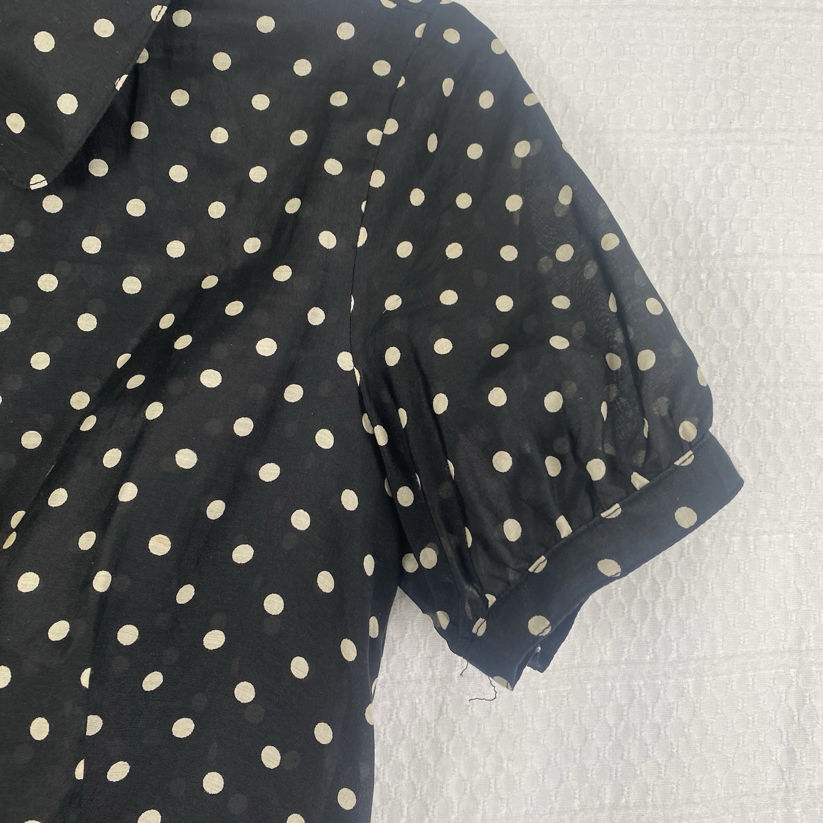 Vintage Polka Dot Dress Black Cream Silk Blend Retro Pin Up Rockabilly Fit Flare