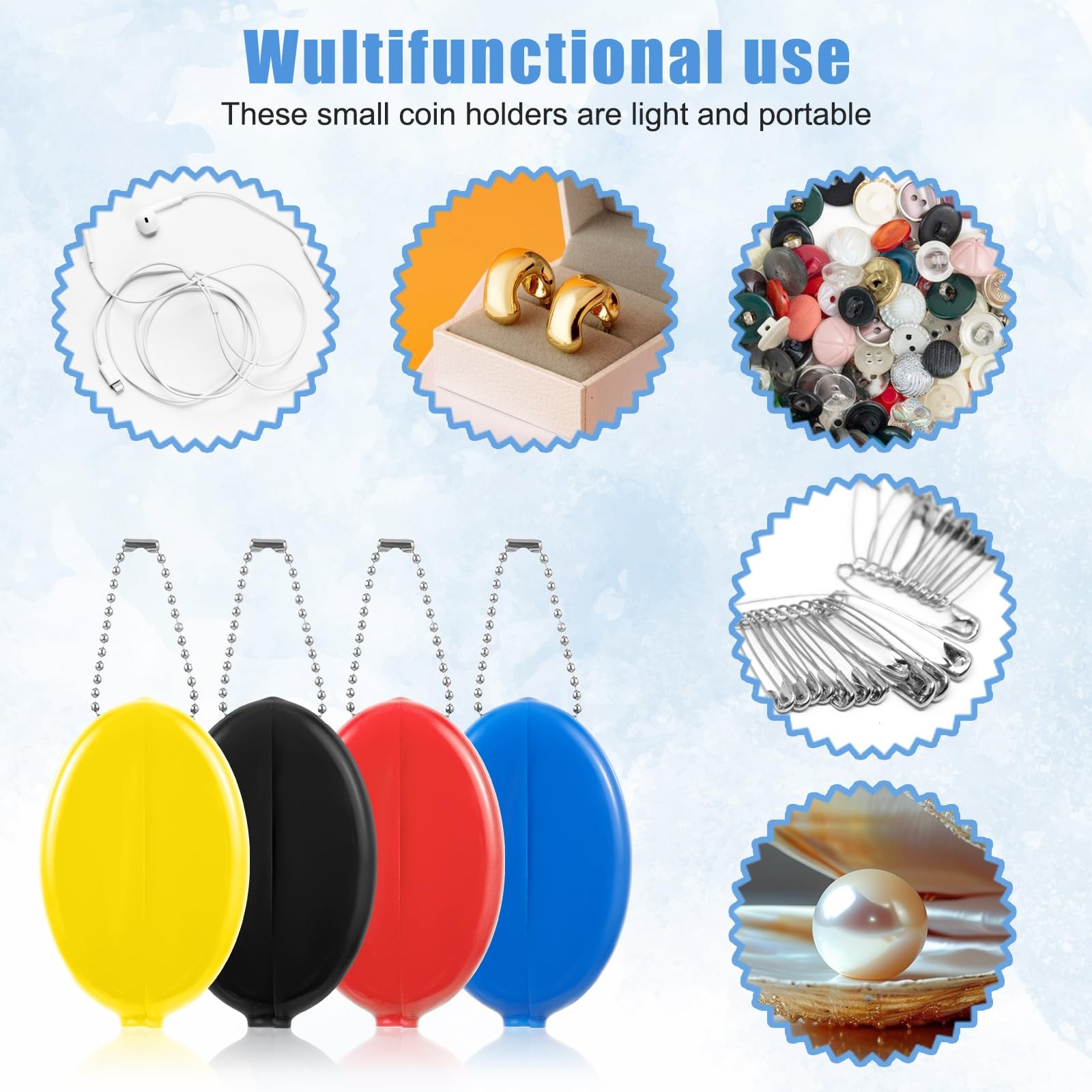 4 Pack Rubber Coin Purse Oval Squeeze Coin Holders with Chain for Men Women