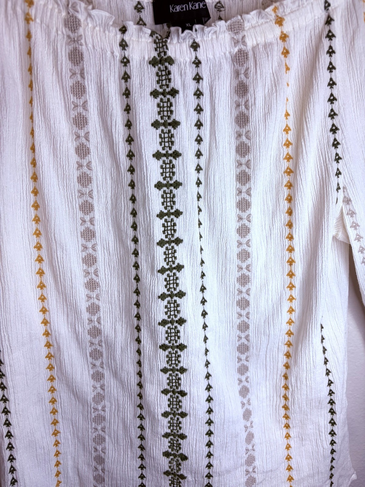 Karen Kane XL White Embroidered Boho Top 100% Cotton Long Sleeve Cottagecore EUC