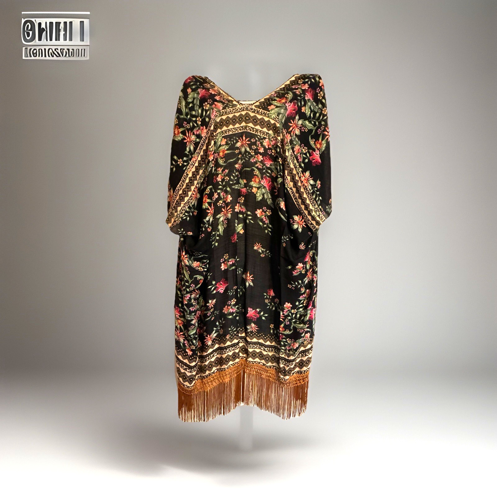 Black Floral Boho Hippie Vintage Kimono Fringe Tassel Cardigan Duster Reg PLUS