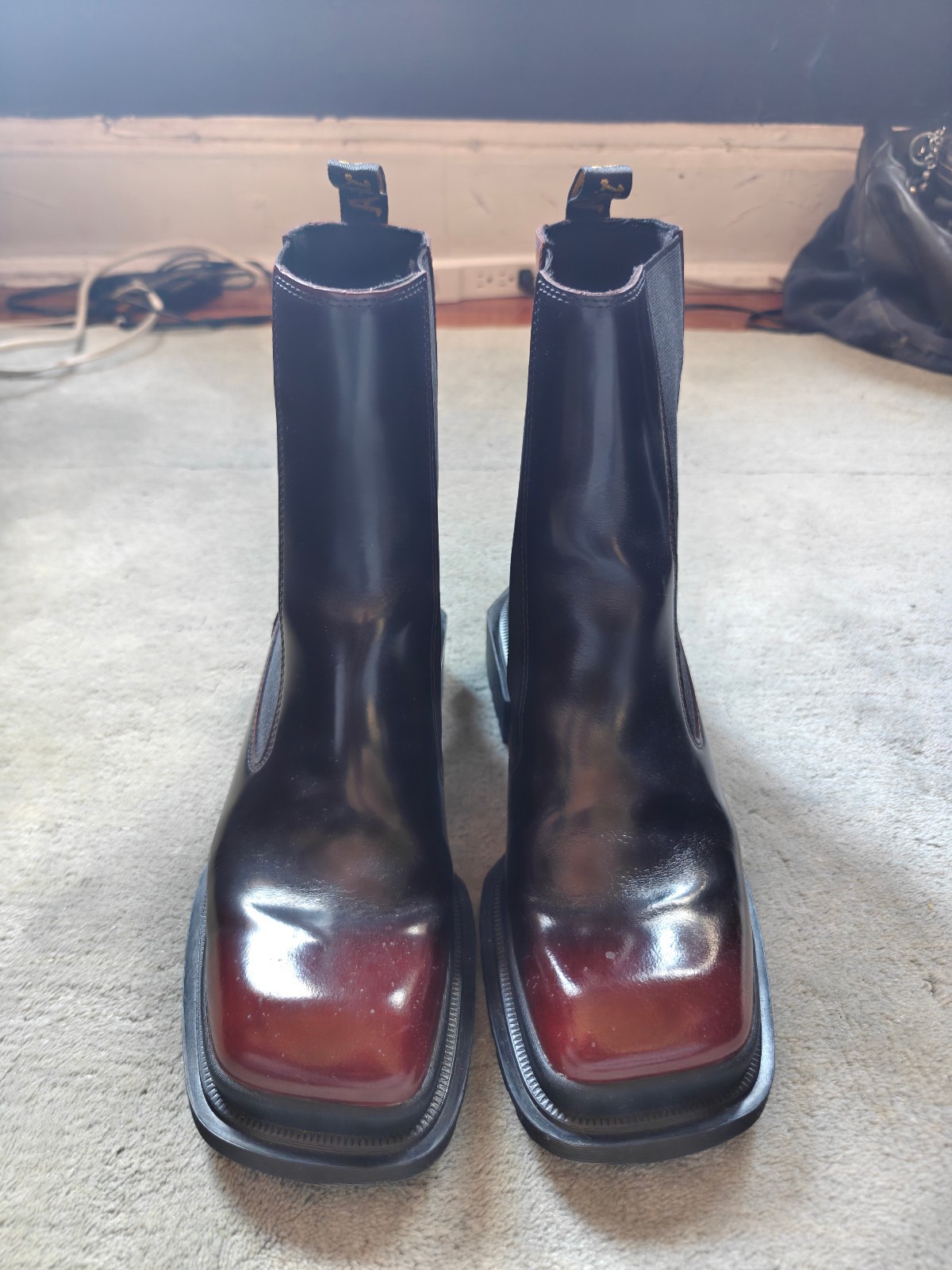 Dr. Martens Maybole Square Toe Chelsea Boots Cherry Red Black Rub Off Leather